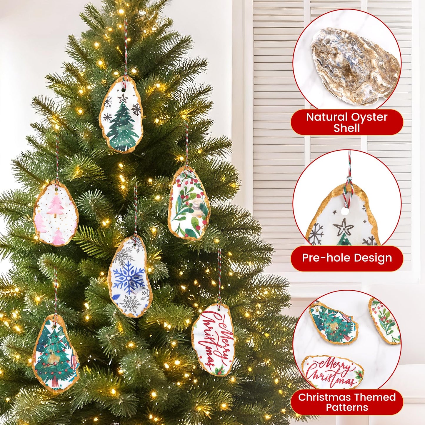APUDWN 16 Set Oyster Shells for Crafts 4-5 Inch Christmas Pre-Drilled Oyster Shells Crafts Kits with Decoupage Paper Napkin Glue Paint Twine and Brushes for Xmas Decor DIY Arts Seashells Ornaments