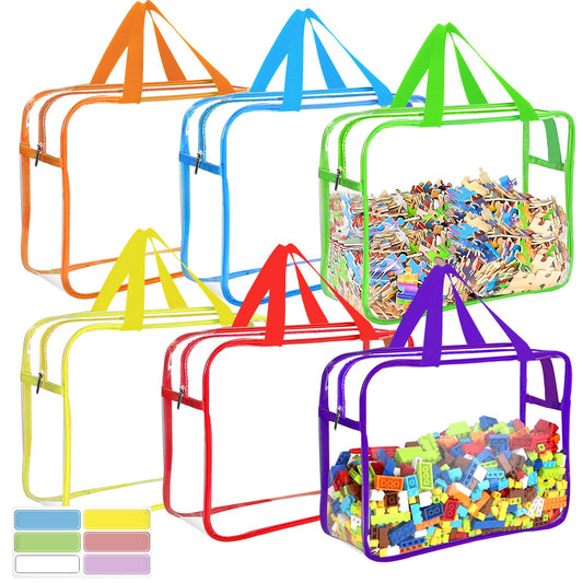 6 Packs Large Toy Storage Bags with Labels, Reusable Clear PVC Board Game Storage, Travel Waterproof Organizer Bags with Zipper for Building Blocks, Puzzle, Kids Books（6 Colors）