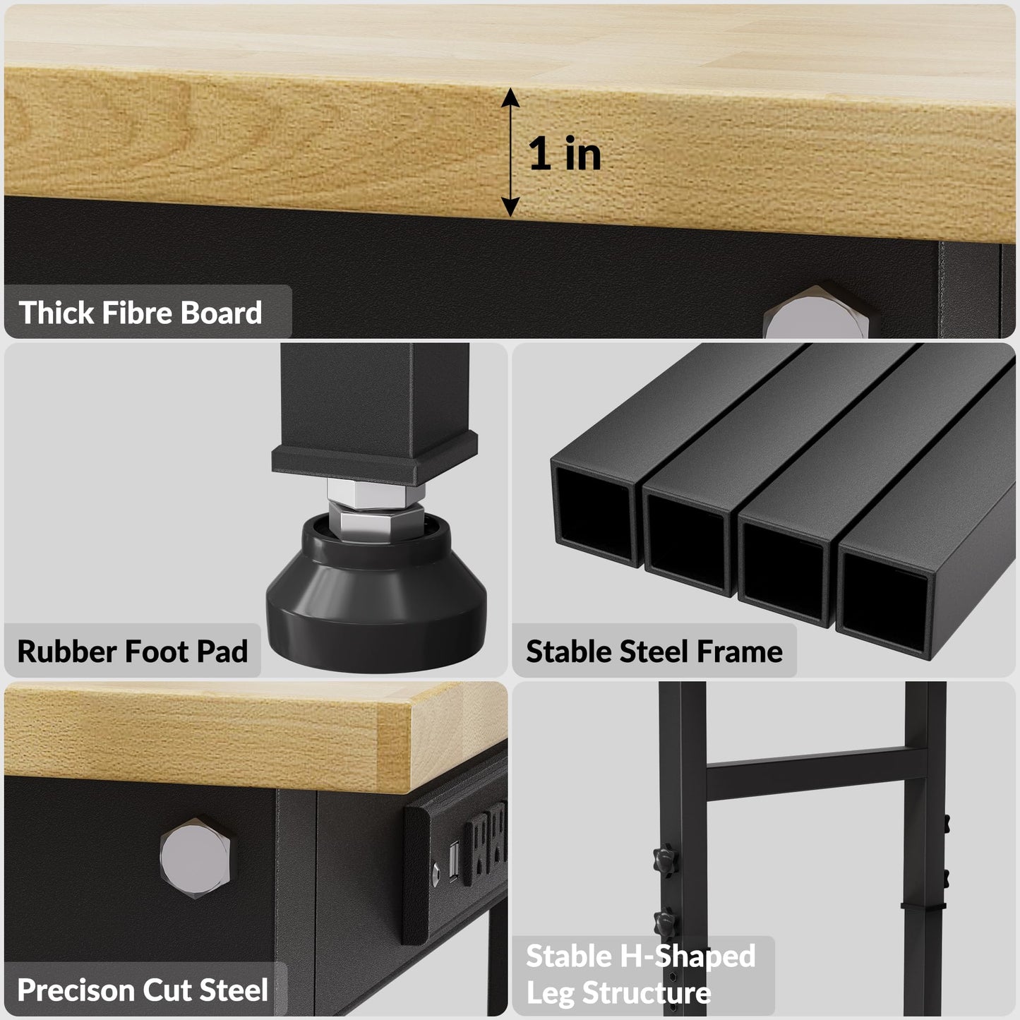 Anunweldo 47'' Adjustable Workbench, Heavy Duty Work Bench 2000 LBS Load Capacity, Wood Top Workbench with Power Outlet, Work Table for Garage, Workshop, Office, Home (47.2"x23.6"x39.4" / Rubber Pad)