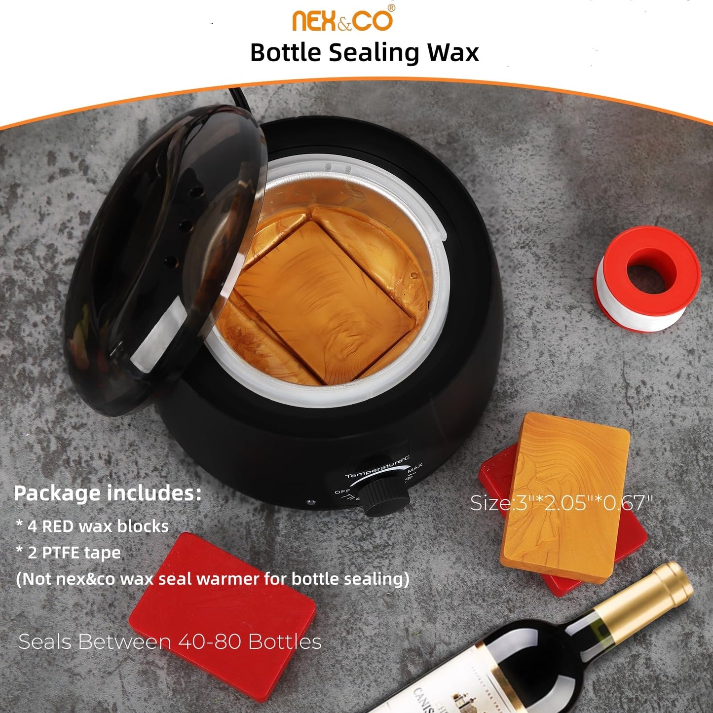 NEX&CO Bottle Sealing Wax Blocks - Resilient and Versatile Bottling Wax for Wine, Beer, and Liquor Bottle Sealing - 4 Black Nuggets 0.5lb with Teflon Tape - Seals 40-80 Bottles