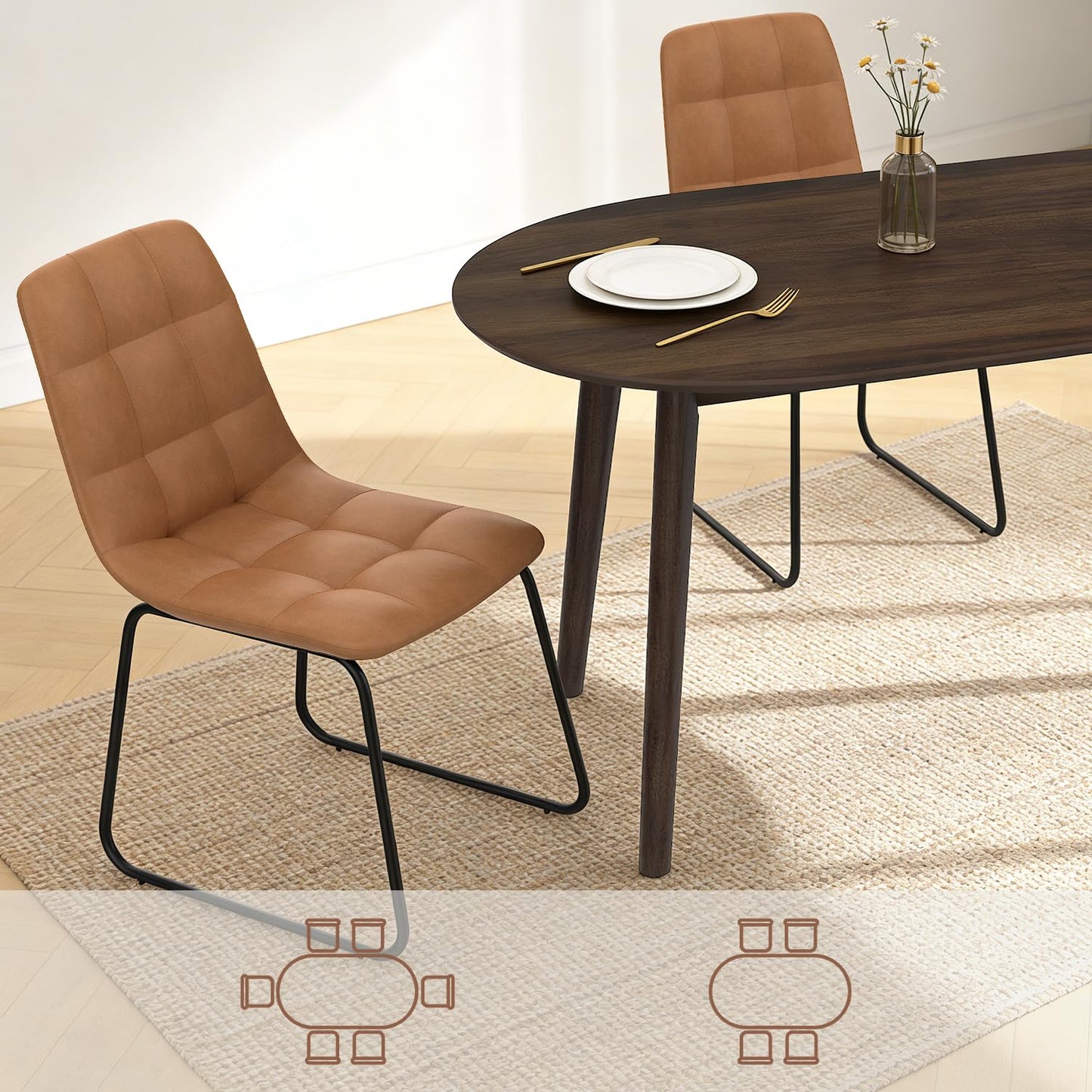 63" Oval Dining Table Set for 4, 5 Piece Modern Dining Table Set for Kitchen and Dining Room, Solid Wood Legs Dining Table with 4 Checkered PU Leather Dining Chairs（Walnut Table+4 Brown Chairs)