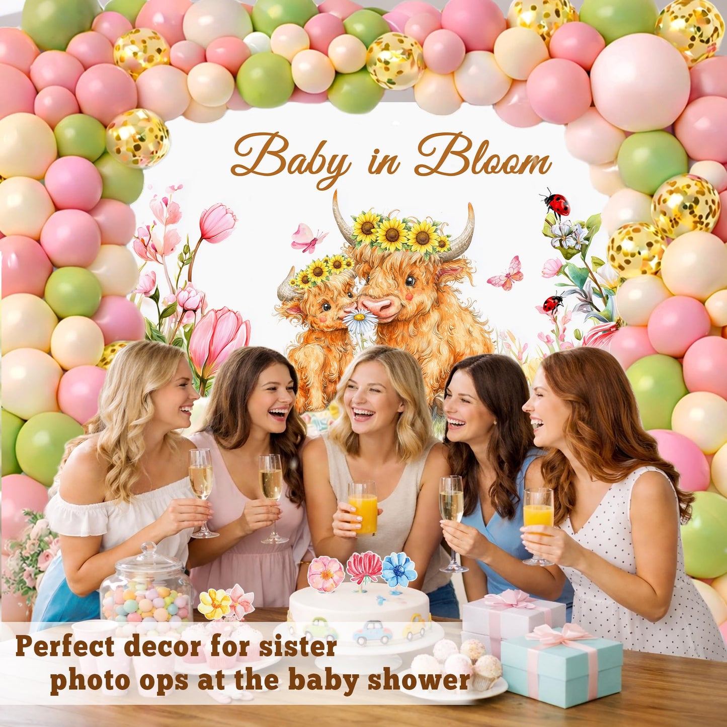 Baby in Bloom Baby Shower Decorations Kit 130PCS for Girl, Highland Cow Floral Baby Shower Decor, Pink Baby Shower with Balloon Garland Arch, Backdrop Banner, Cake Topper, Mom to Be & Dad to Be Sash