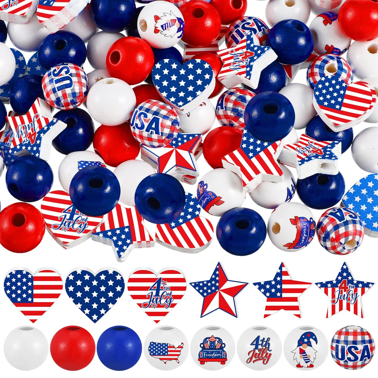 Buryeah 200 Pcs 4th of July Wood Beads Red White and Blue Patriotic Wooden Beads Memorial Day 250th Anniversary Flag Charms for Independence Day DIY Jewelry Garland Necklaces Decor
