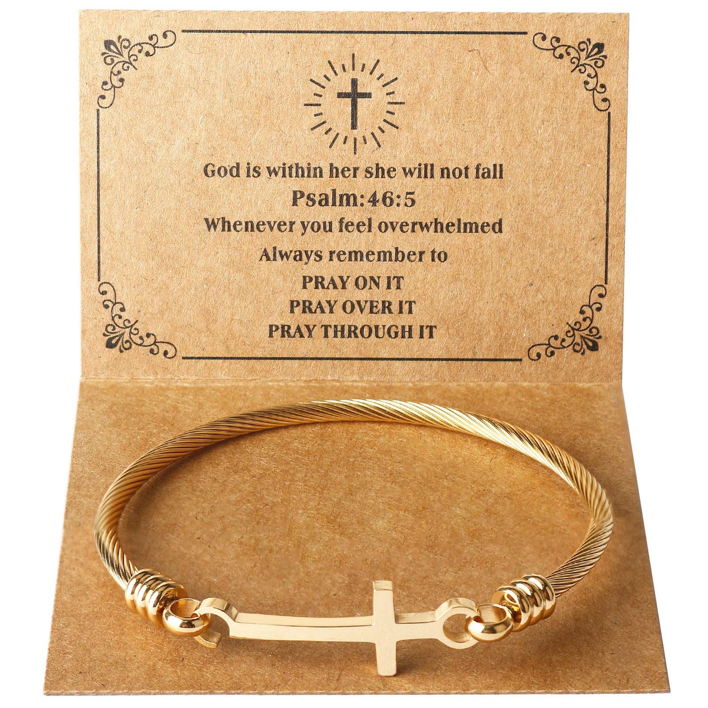 DS Religious Gift for Her Christian Cross Bracelet Bible Verse God is Within Her She Will Not Fall Inspirational Bracelets For Women Stainless Steel Jewelry Gift To Daughter Best Friend (Gold)