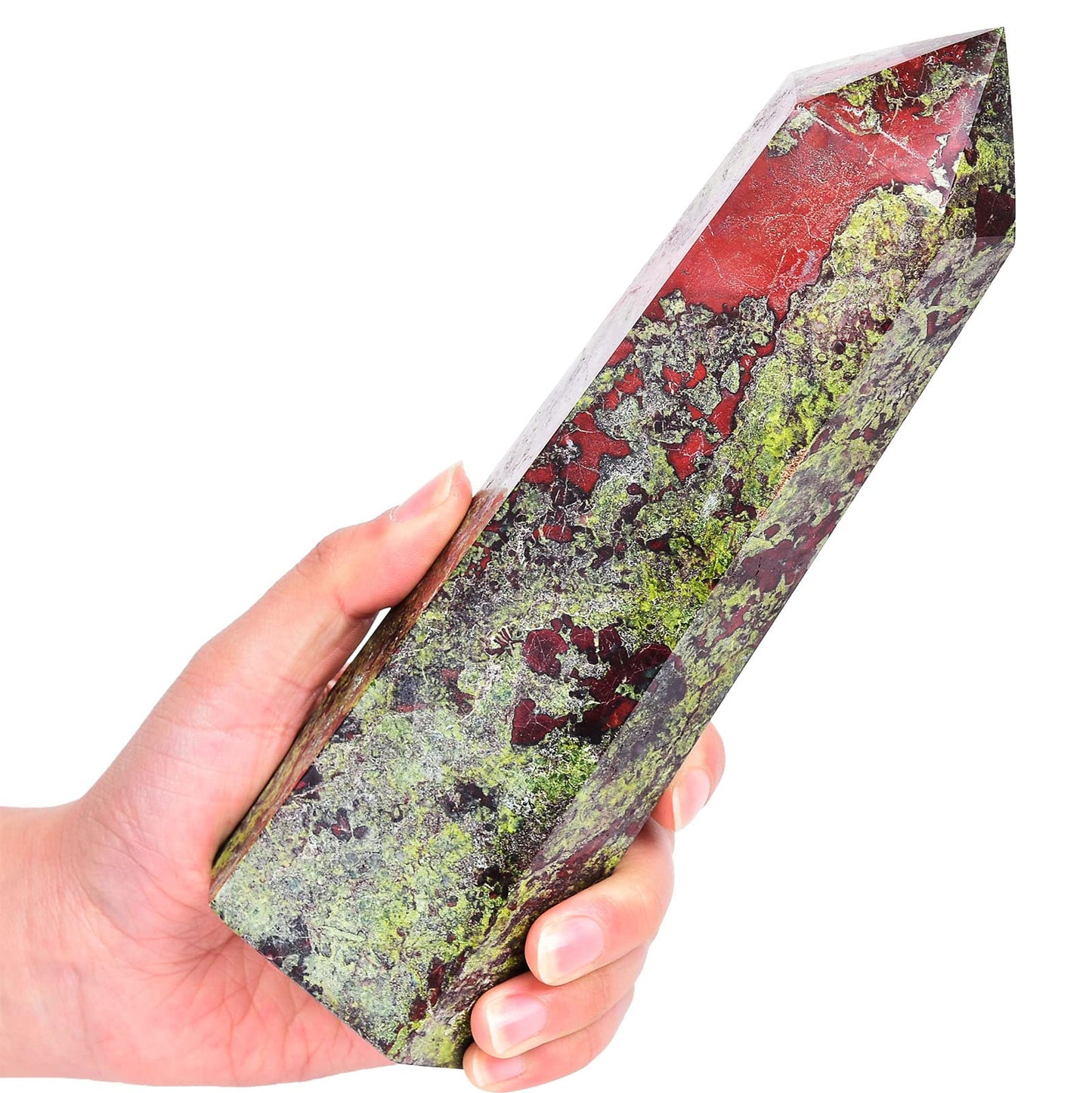 AMOYSTONE Bloodstone Obelisk Large Healing Crystal Wand Tower 6 Faceted Column Reiki Chakra Meditation Therapy Green Red 0.6-1.1 LBS