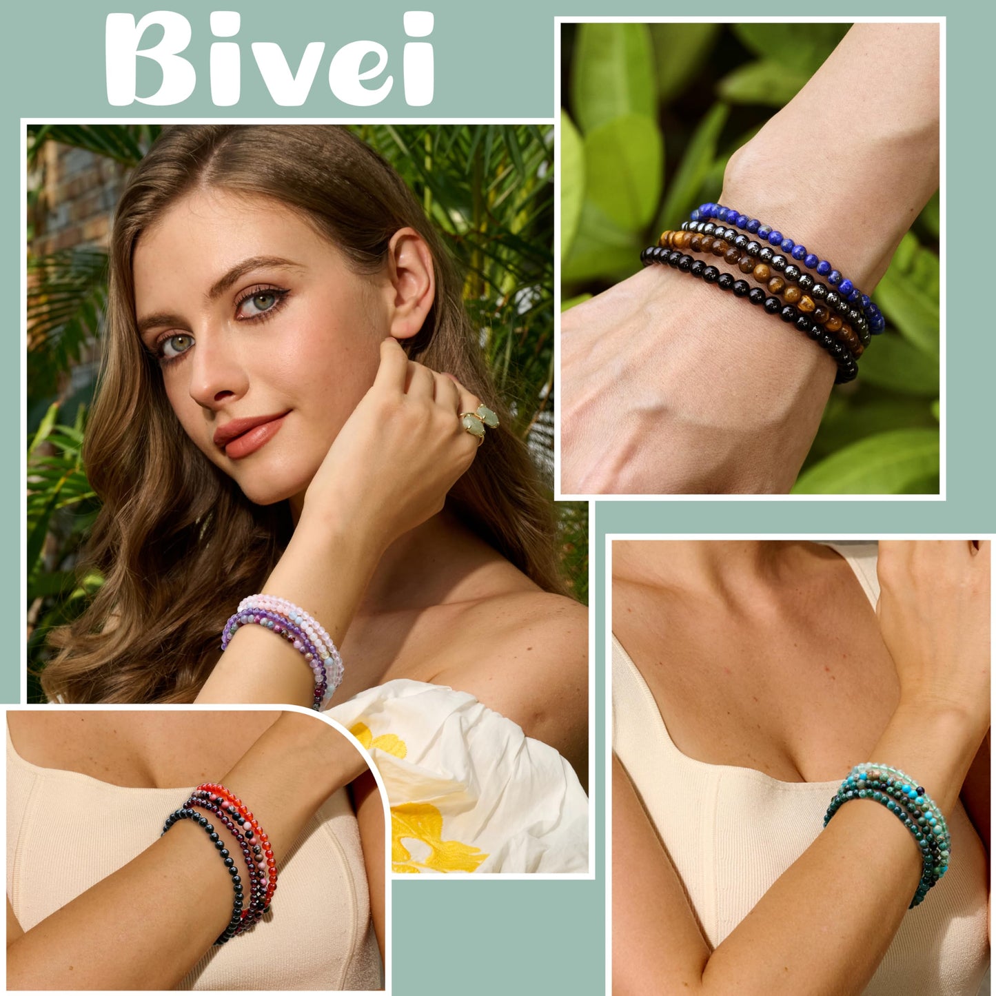 Bivei White Turquoise - Stabilizing - 4mm Beaded Bracelets for Women Handmade Semi Precious Natural Stone Stretch Elastic Jewelry Yoga Protection Gifts