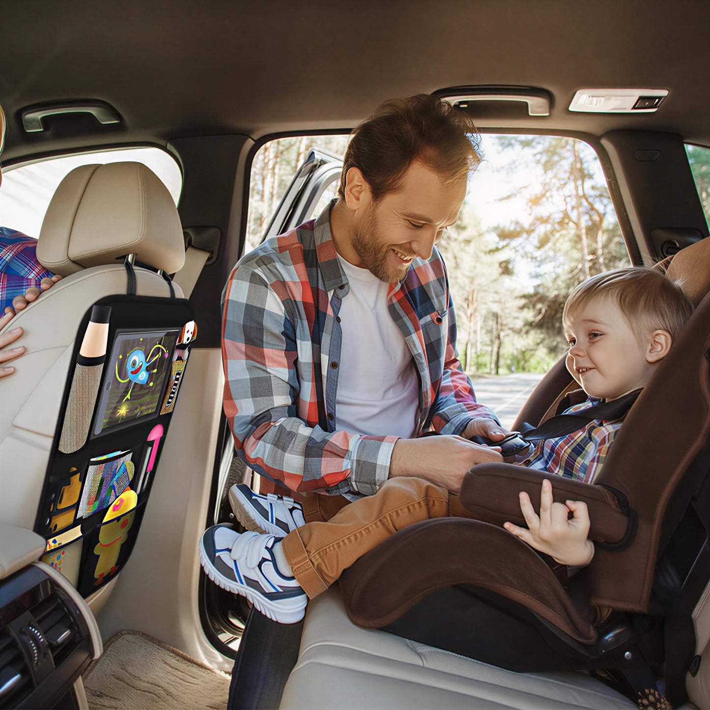 ONE PIX Backseat Car Organizer Mats Back Seat Organizers and Storage Bag with Touch Screen Tablet Holder for Kids Toddlers Car Seats, Travel Accessories, Road Trip Essentials Kids