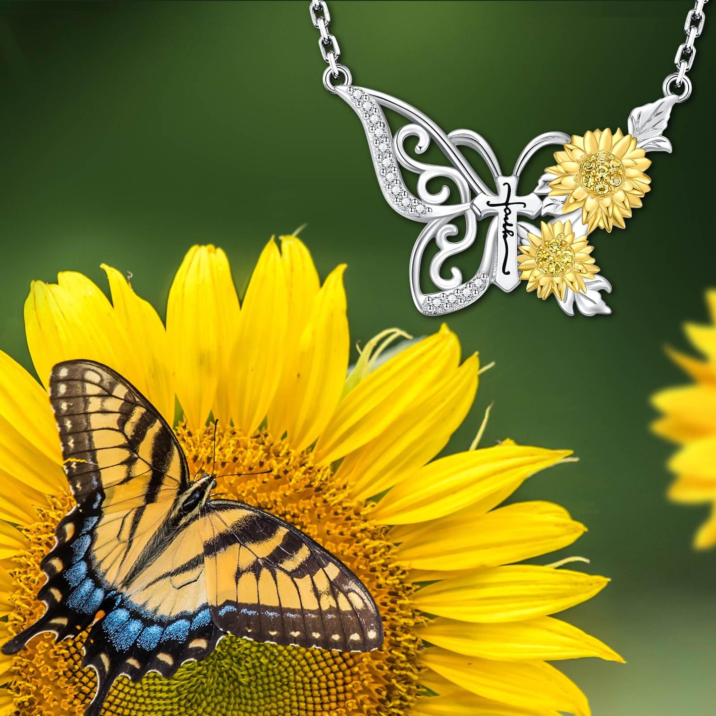 oGoodsunj Sunflower Necklace Jewelry Set fo Women Sterling Silver Anklet Bracelet Earrings You Are My Sunshine Pendant Gifts for Mom Daughter Wife (Sunflower Butterfly Necklace)