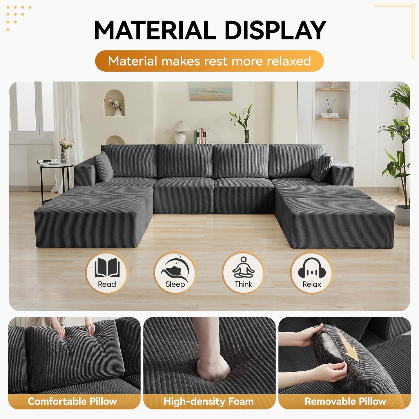 WUTUTUEE 146'' Oversized Boneless Sofa Bed, 4 Seater Modular Sectional Couch with 4 Moveable Ottoman, No Asswmbly Corduroy Compression Sofas with Chaise for Home House, Grey