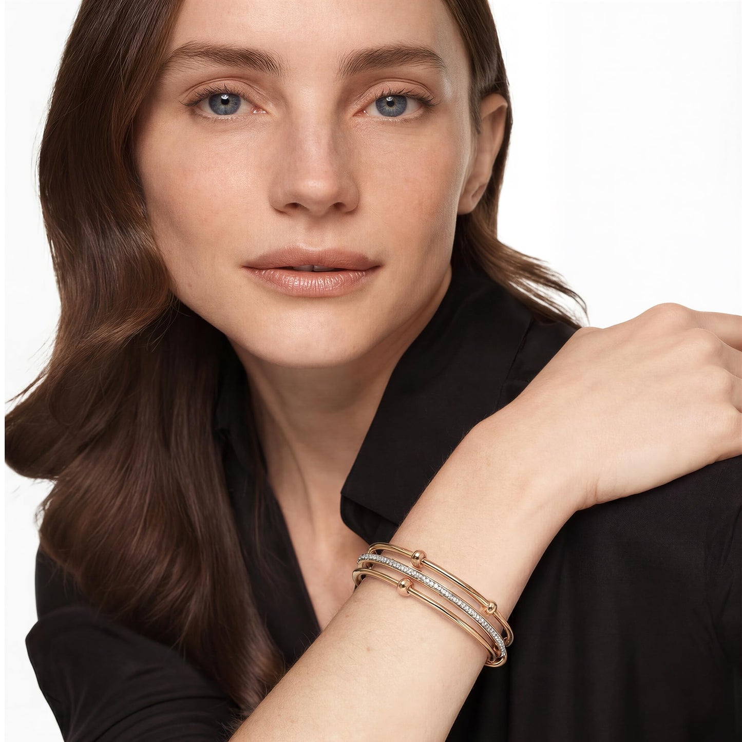 Musishiyu Gold Bracelets for Women Stacking Bangle - 18K Mixed Metal Tri-Color Rolling Interlocking Bands, Cubic Zirconia Fidget Anxiety Jewelry, Perfect Gifts for Mom Wife Grandma