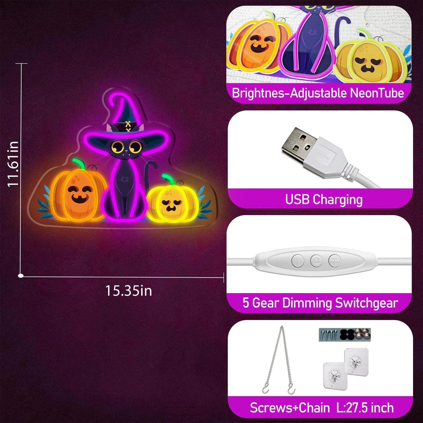 Happy Halloween Neon Sign, Cool Dimmable Light Up Halloween Pumpkin Neon Light Up Sign Gift USB Powered for Kids Bedroom, Living Room, Bar, Party, Shops, Party Yard Wall Decor Home Decoration (Pumpkin & Cat)
