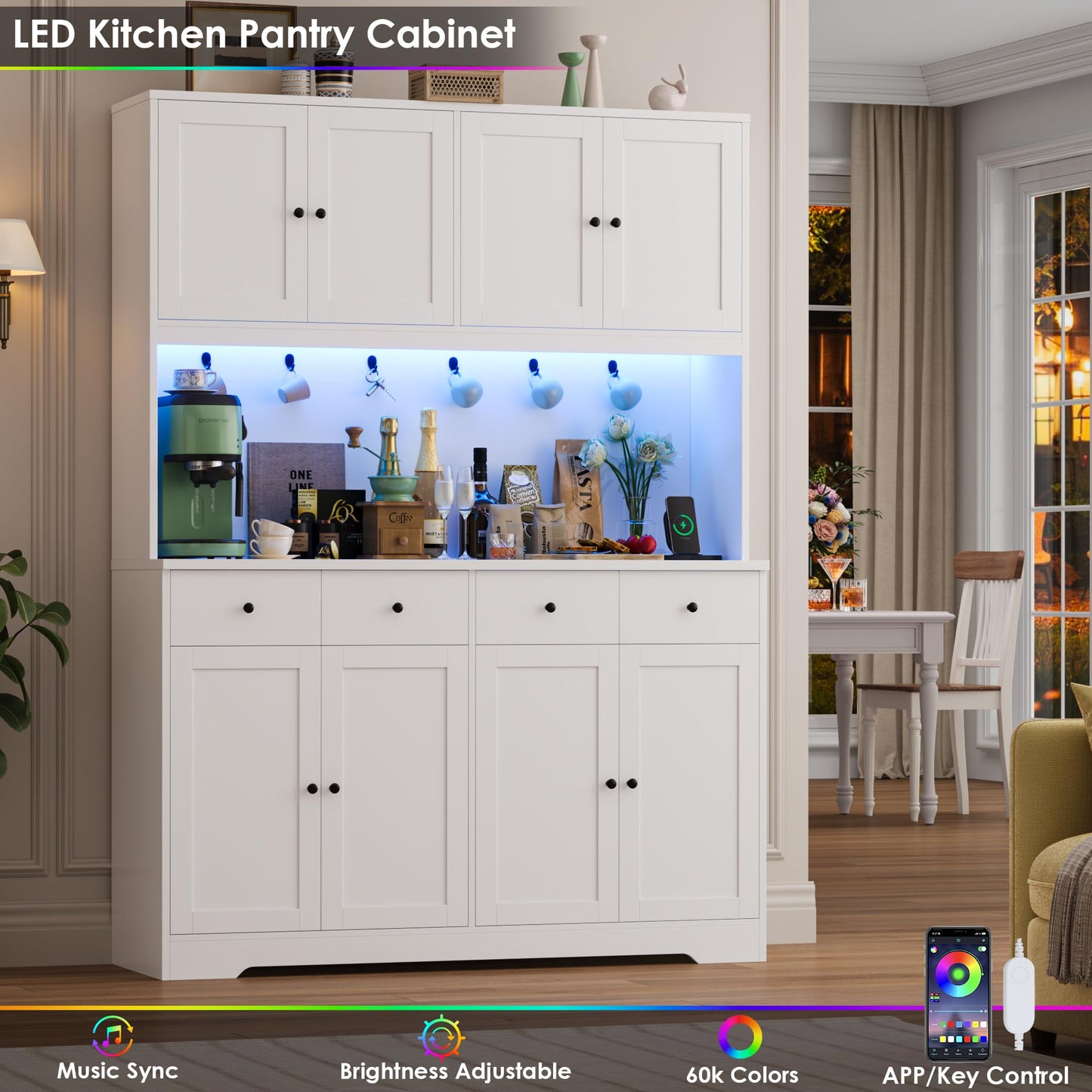 HIFIT 72" LED Kitchen Pantry Cabinet with Power Outlet & Cup Hooks, Tall Kitchen Hutch Storage Cabinets with Countertop Microwave Stand, Food Pantry Cabinet with Drawers for Dining Living Room, White