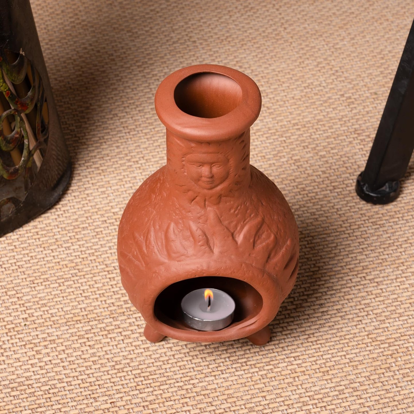 Handcrafted Terracotta Palo Santo Holder with Sun Face Design - Mini Chiminea Incense Burner for Sage & Copal - Thoughtful Gifts for Meditation, Yoga, Aromatherapy