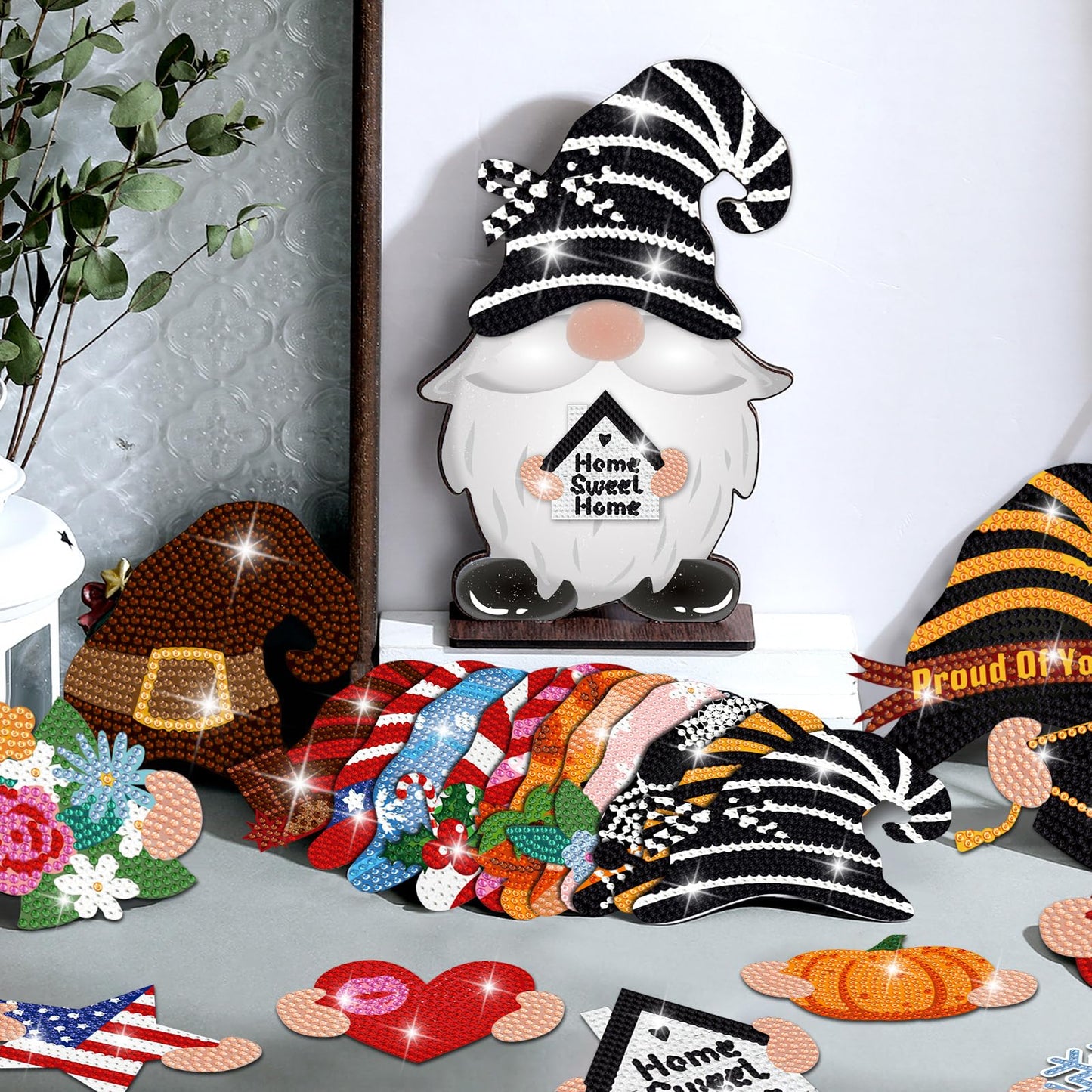 Juexica 32 Pcs Christmas Magnetic Diamond Painting Gnome Sign Art Decor Interchangeable Standing Posture DIY Seasonal Holiday Gifts Tiered Tray with Magnet Pieces for Home Office Desk(Adorable)