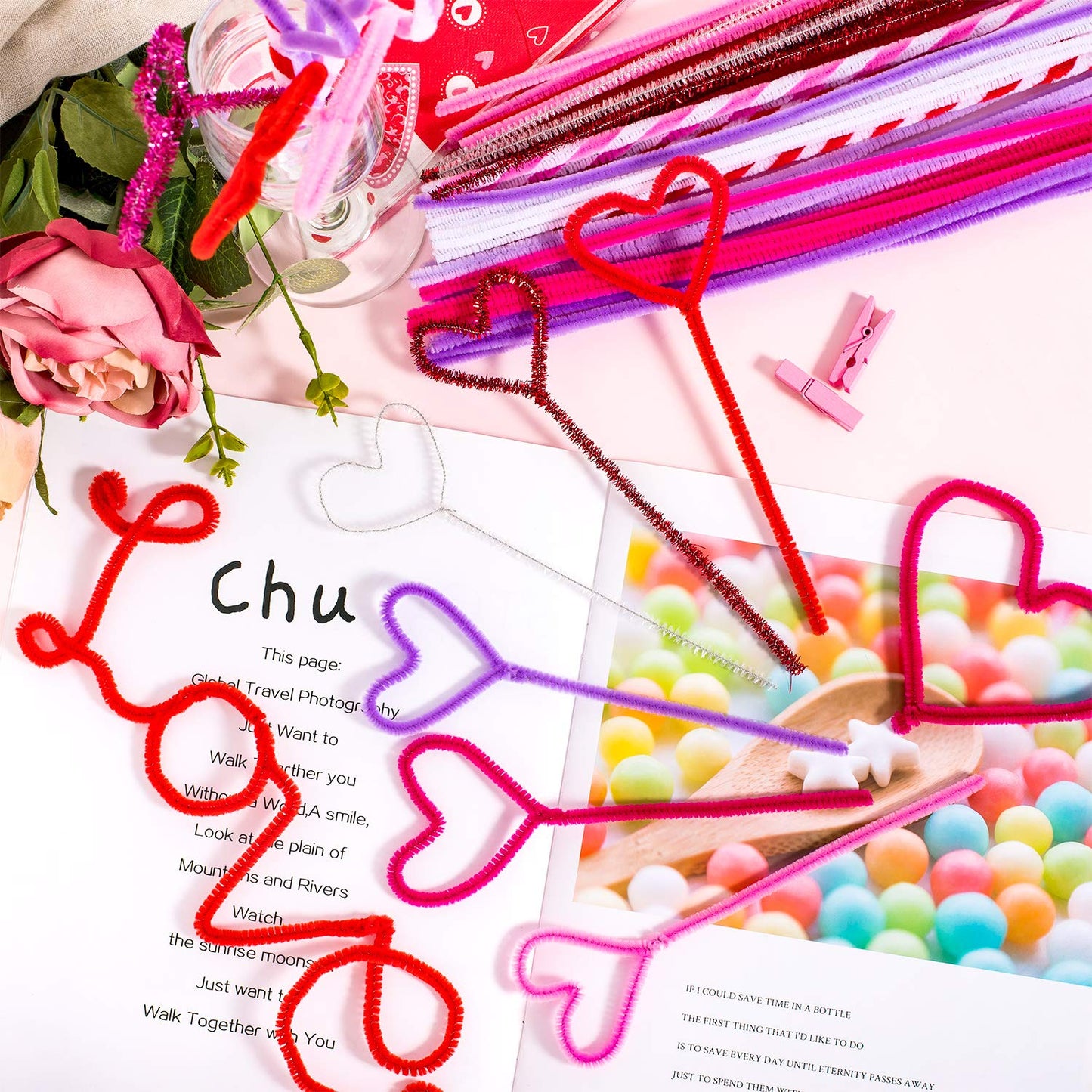 Whaline 500Pcs Valentine Pipe Cleaners Set, Including 160Pcs Craft Chenille Stems, 180Pcs Multi Sized Wiggle Eyes and 160Pcs Multi Sized Pompoms for Valentine Craft Party DIY Art Supplies