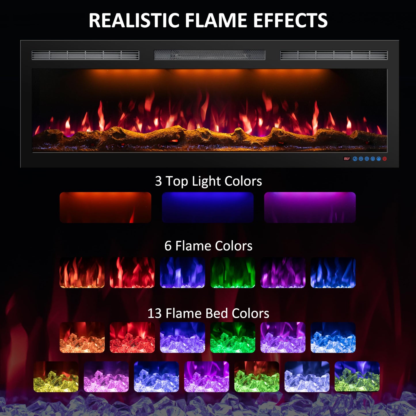 Mystflame 60 Inch WiFi Electric Fireplace Heater, Recessed or Wall Mounted, Ultra‑Slim 5.51" Deep, 750/1500W, 12 Flame Colors & 12 Ember Bed Colors,Remote & App Control, Works with Alexa & Google Home