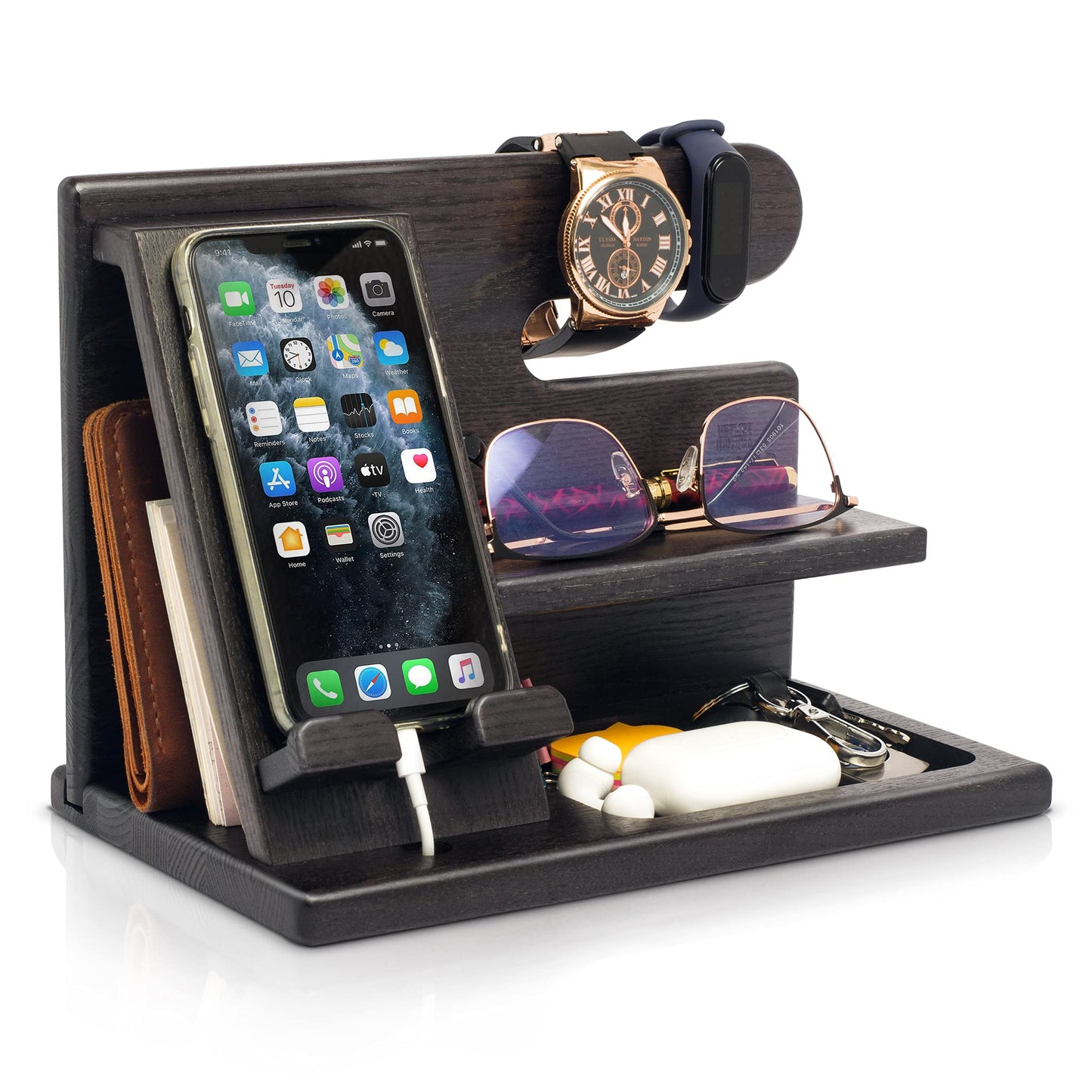 TESLYAR Wood Phone Docking Station for Men - Desktop or Nightstand Organizer - Birthday Gifts for Men, Dad - Anniversary Idea from Wife - Key Holder, Stand Wallet, Watch & Essentials (Granite Black)