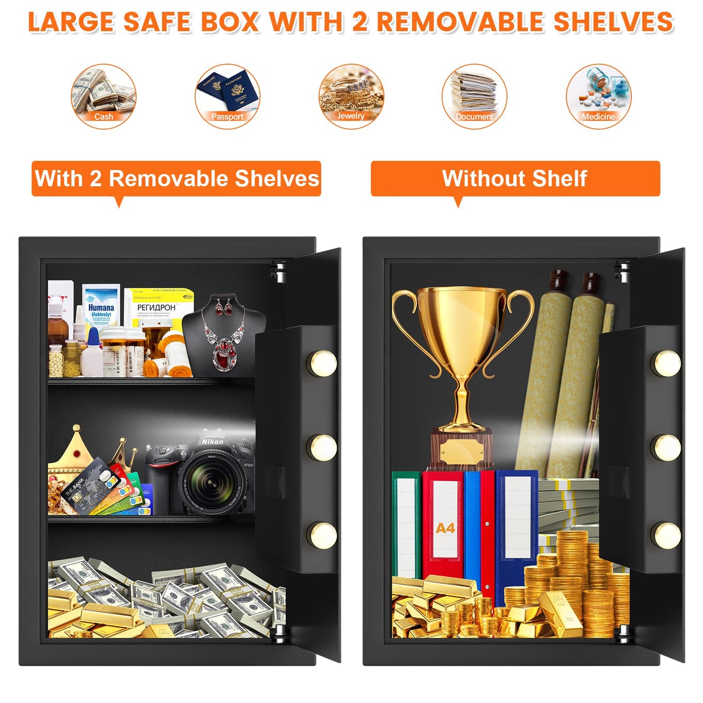 21.65"H Large Safe Box for Home, 5.0 cu ft Anti-Theft Safe with A4 Fireproof Bag, Steel Security Safe with Keypad Lock, Backup Keys, External Power Supply Box, Document Safe for Cash Medicine Document