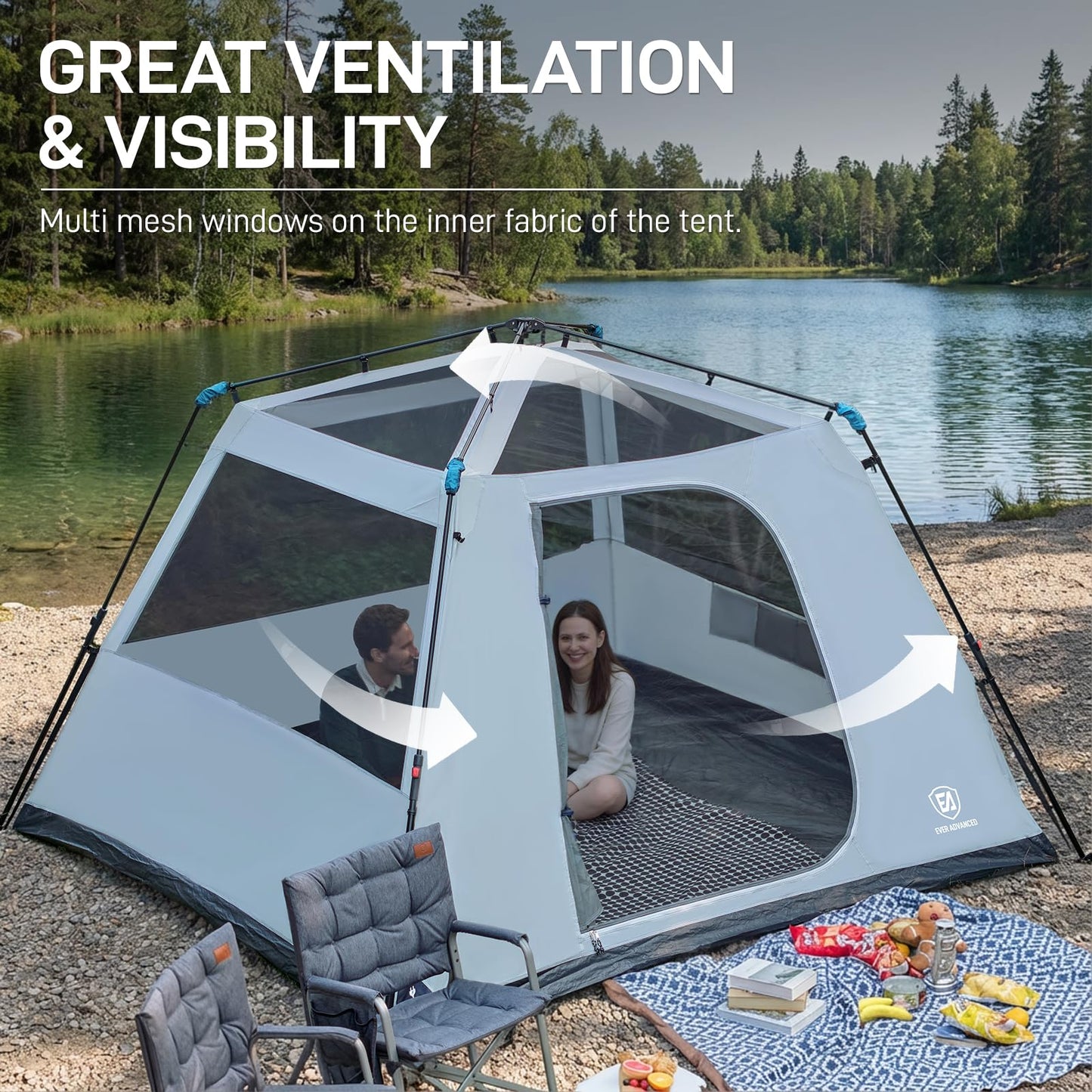 EVER ADVANCED Blackout Design 6 Person Camping Tent, Instant Cabin Tent for Family with Vestibule and Large Mesh Windows, 60s Easy Setup, Double Layer, Water-Resistant Blue