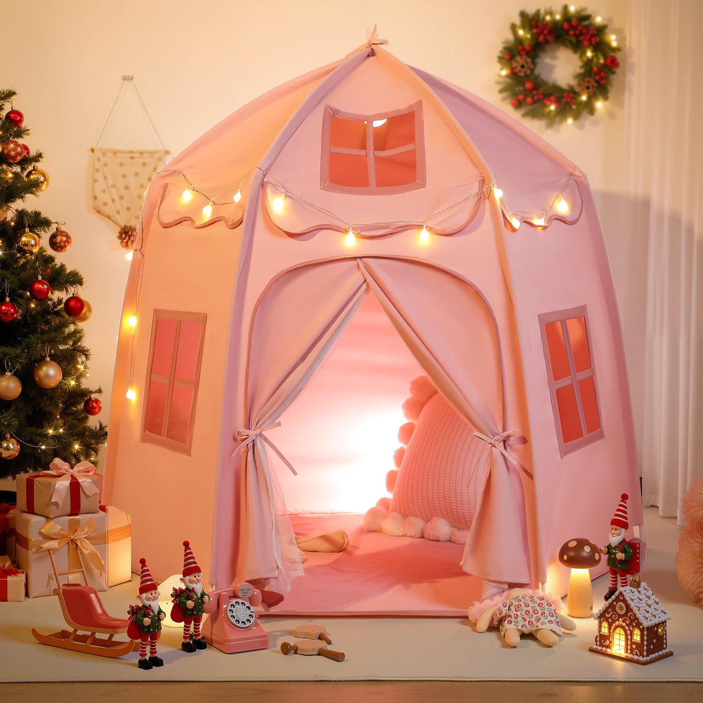 besrey Kids Play Tent, Large Kids Playhouse with 1 Door & 3 Windows, Children's Fort with Star Lights, Indoor & Outdoor Playhouse, Hexagonal Toddler Tent, 61" x31.5" x 51", Pink