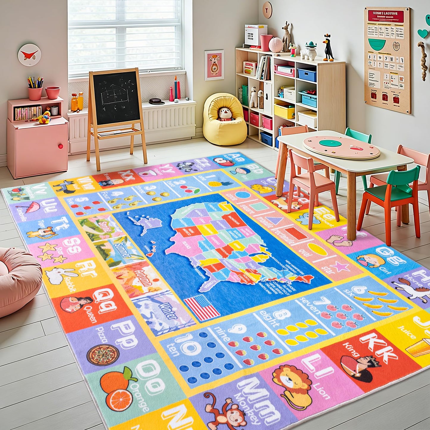 OHDS Kids Rugs for Playroom - Soft & Non-Slip 5x7 Feet Educational Rug for Learning ABC Alphabet, Numbers, Shapes & Map, Washable Classroom Rug for Toddler Nursery & Kids Room Decor