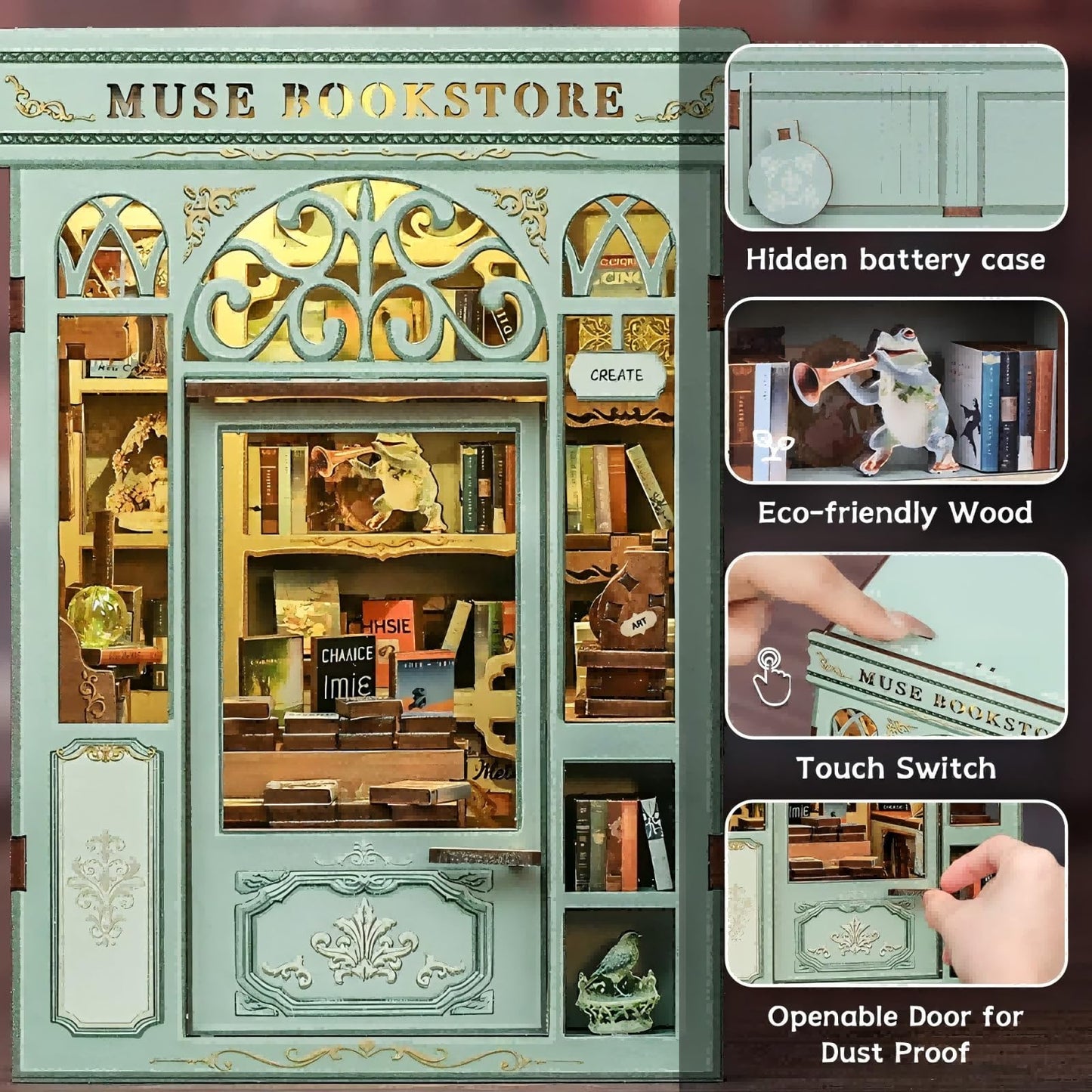 Fsolis Book Nook Kit - DIY Miniature House Kit Bookshelf 3D Wooden Puzzles for Adults Beginners Tiny House Mini Booknook Bookshop Gifts for Women Book Lovers (Muse Bookstore)