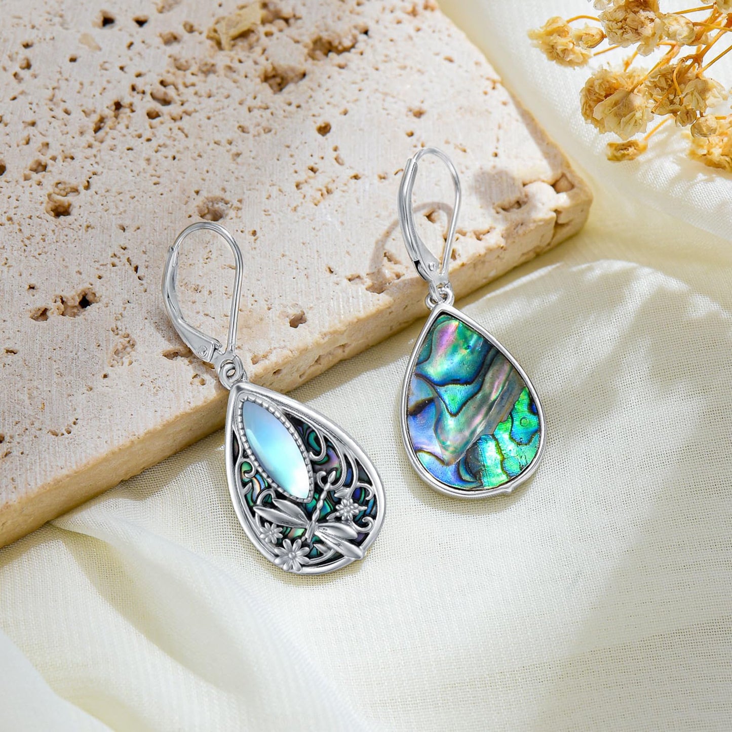 KoyeKei Dragonfly Gifts for Women 925 Sterling Silver Dragonfly Filigree Dangle Drop Earrings Abalone Moonstone Filigree Leverback Earrings Jewelry Gift for Girlfriend Wife Daughter
