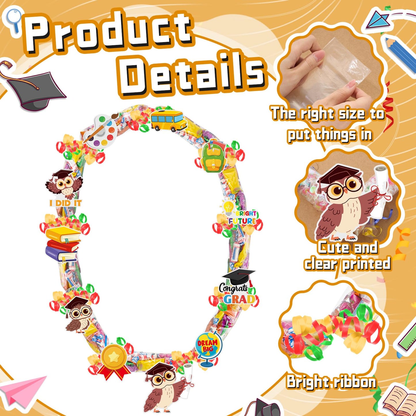 Spakon Graduation Candy Lei Making Kit, 2026 DIY Graduation Candy Lei Tubing with 4 PE Bags 4 Ribbon 11 Grad Cutouts for 2026 Grad Craft Supplies Snack Wrapping Birthday Party Favors(Owl)
