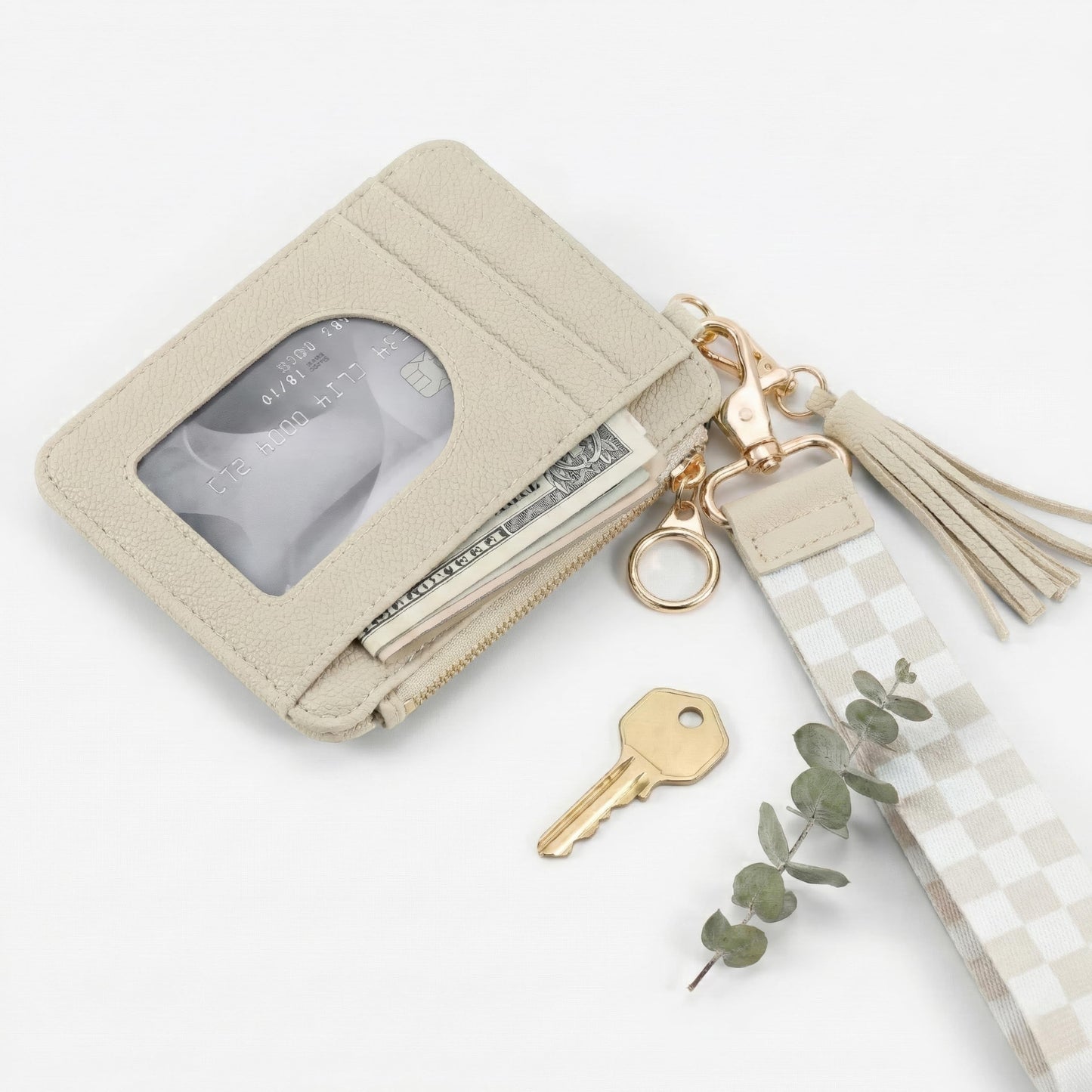 Stylish Wristlet Keychain Wallet for Women - Slim Design Credit Card Holder w/ Plenty of Storage incl. Clear ID Window & Zipper Pocket - Easy Carry RFID Blocking Wallet w/ Tassel, Lanyard & Gold Rings