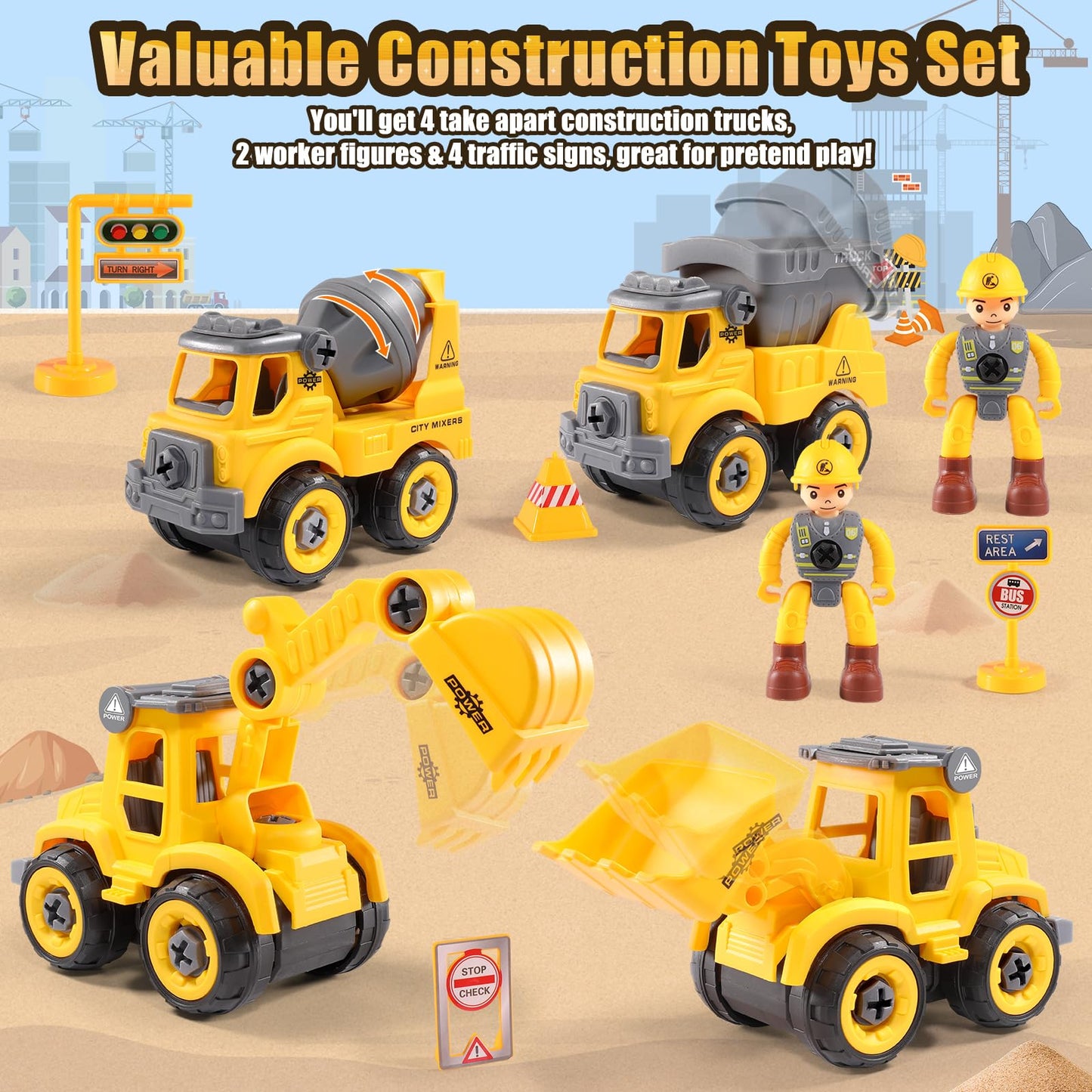 LUDILO Toddler Kids Toys Boys 3-5: Mini DIY Assembly Stem Learning Educational Building Toy Cars with Electric Drill Sandbox Beach Construction Toy Trucks, 2 3 4 5 Year Old Boy Toys Birthday Gift Xmas