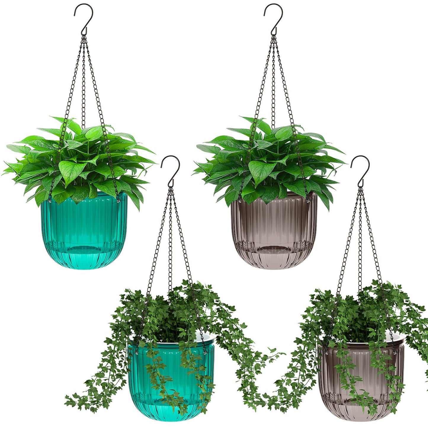 Meanplan 4 Pcs Self Watering Hanging Planter Indoor 6.5 Inch Hanging Baskets for Plants Outdoor Plastic Flower Pot with 3 Hooks Chains Drainage Holes for Garden Home, Medium Size(Emerald, Gray)