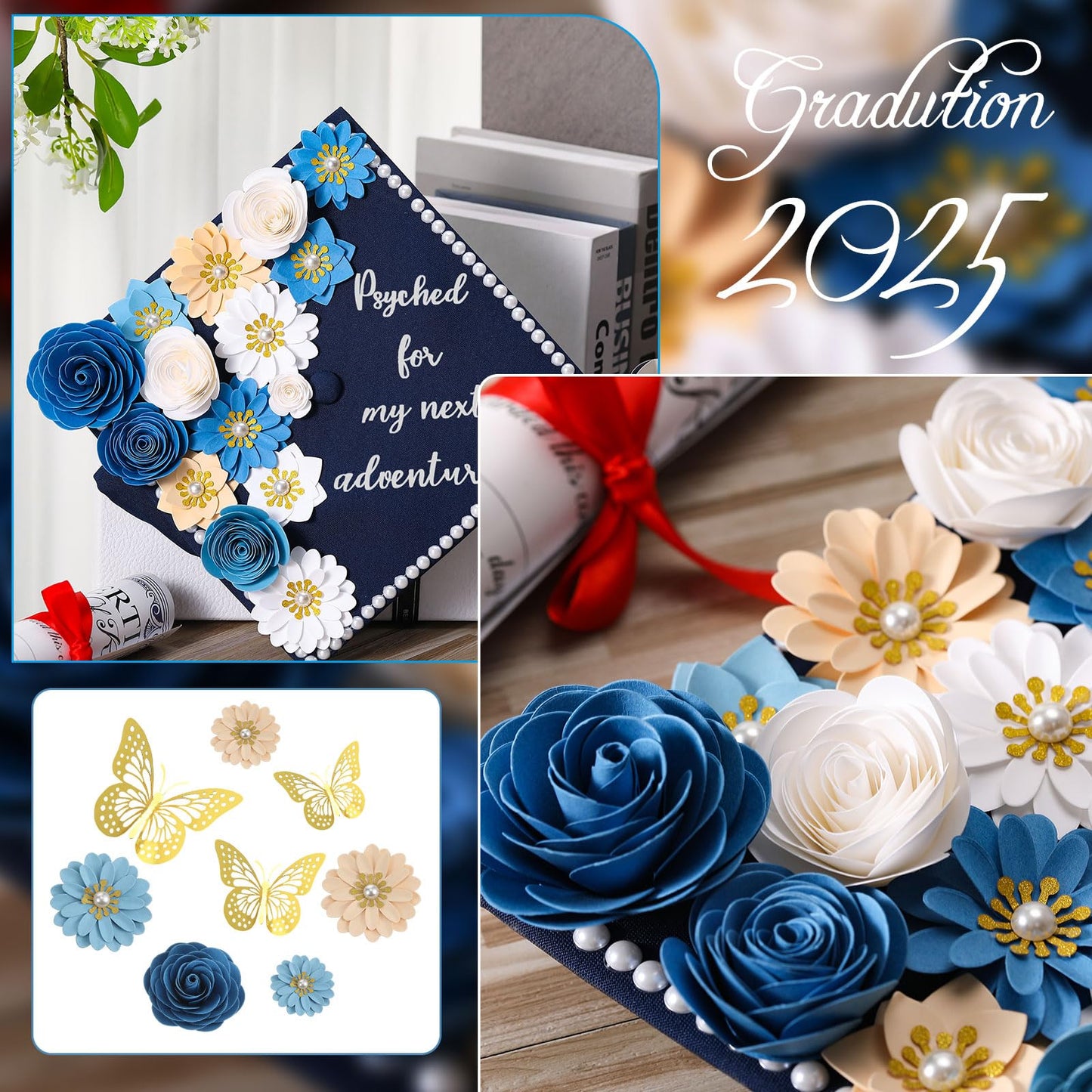 Thiccywoov 43 Pcs Graduation Cap Decorations Kit Includes Artificial Flowers Faux Flower Heads 3D Butterfly Stickers Pearl Rhinestones Glitter Stickers for Grad Cap Topper DIY Graduation Gift(Blue)
