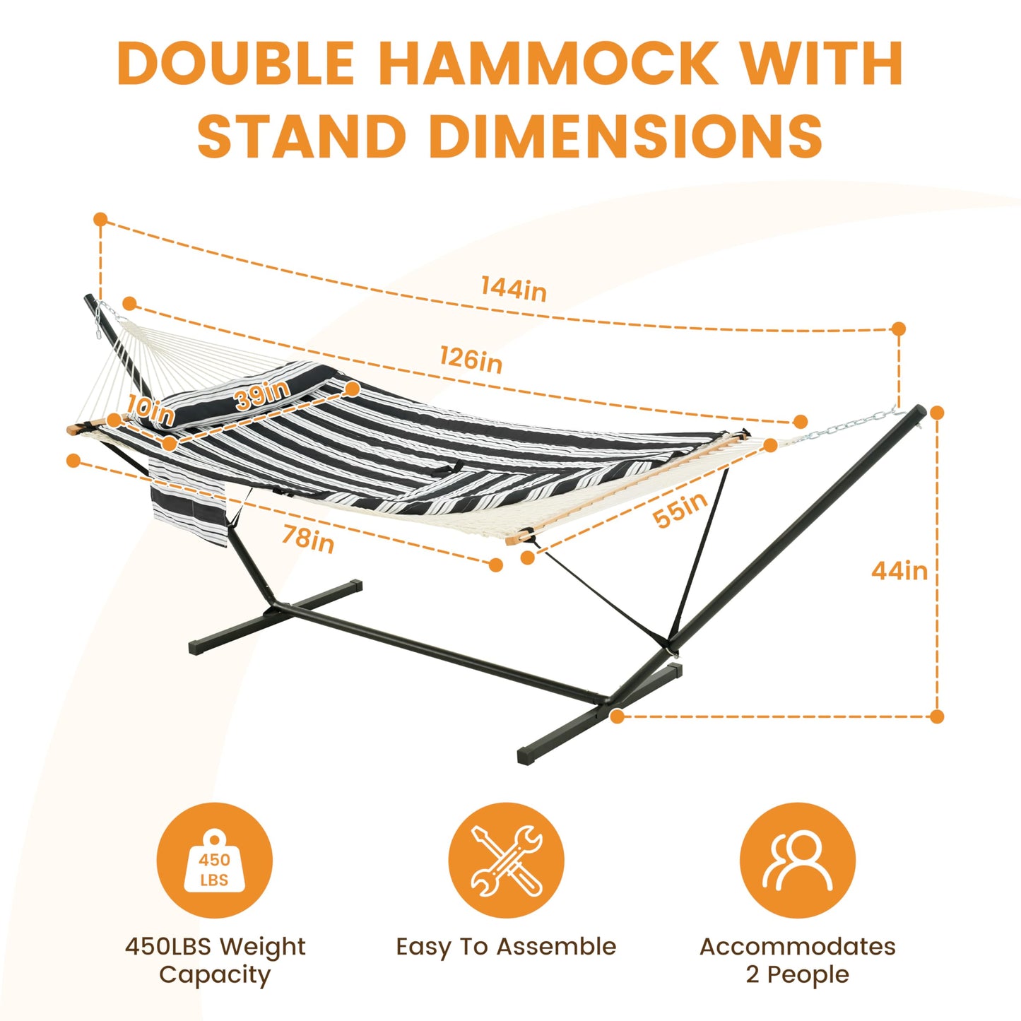 Lazy Daze Hammocks 2 Person Portable Hammock with 12FT Stand, Double Hand Woven Cotton Rope Hammock with Detachable Quilted Pad & Pillow for Outside, 450lb Capacity, Black White Stripes