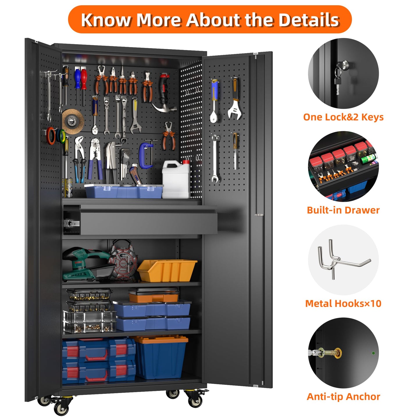 Metal Garage Storage Cabinet with Wheels and Doors,71" H Rolling Tool Cabinet with Pegboard and Drawer for Garage Warehouse Home,Required Assembly,Black