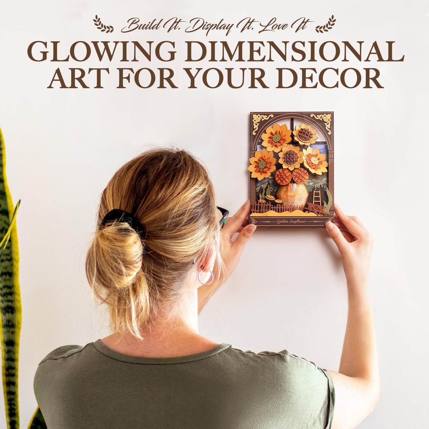 ROBOTIME Wooden Flower Golden Sunflower Building Sets for Adult with Lights TH002, Van Gogh Wall Art Crafts, Painting Frame Room Decor, Valentine's Day/Anniversary/Birthday Gifts for Women, 266PCS