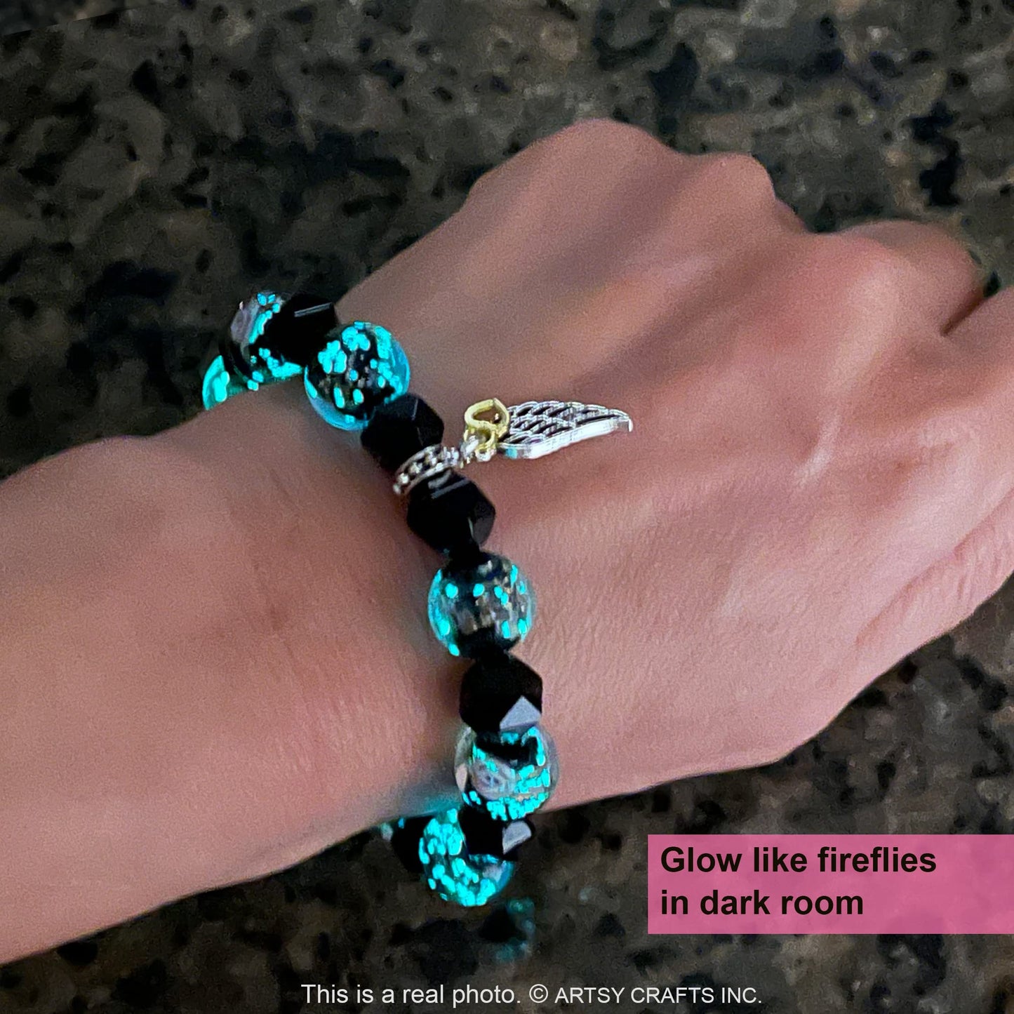 ARTSY Crafts Glow in the Dark Glass Beads with Natural Gemstone Beads Charm Bracelets, Crystal Healing Stones Firefly Beads Bracelet for Men Women Love Calming Anxiety Chakra Spiritual Gifts, Quartz