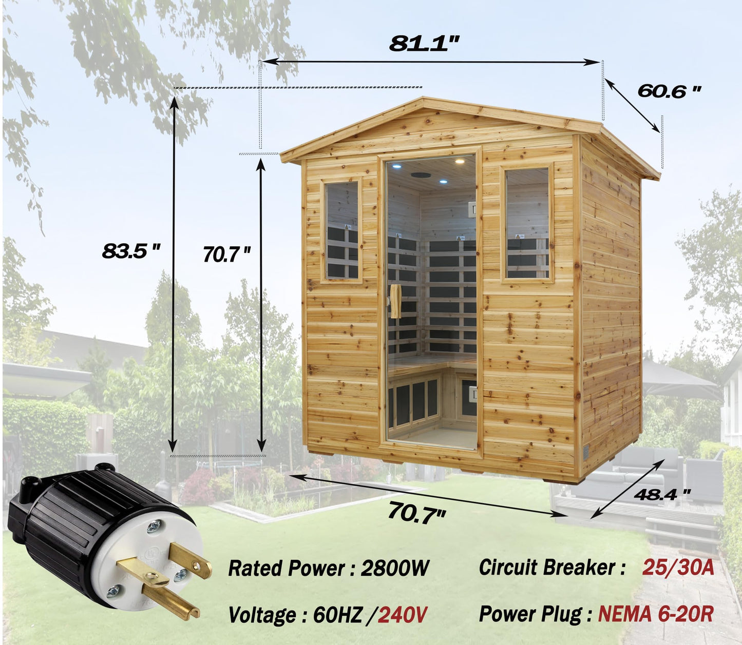 LTCCDSS 5-Person Low EMF Outdoor Far Infrared Sauna - Vast Interior- Hemlock Wood Sauna for Home - Bluetooth Speakers, Reading Lamps, Chromotherapy Lights, (Bundled Steam Sauna) 81.1 * 60.6 * 83.5 in