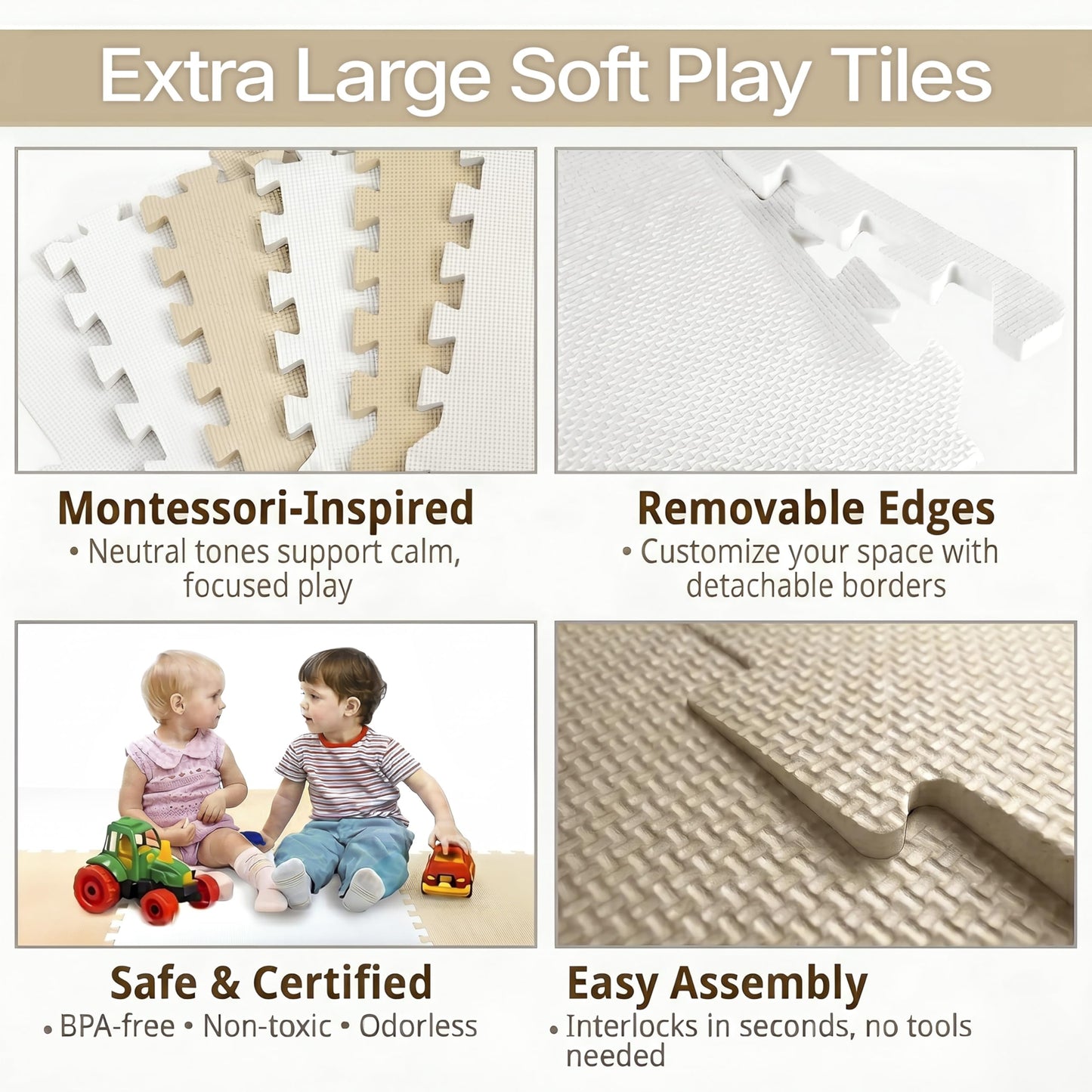 FlooringInc Baby Play Mat for Floor, Extra Large 2'x2' Foam Floor Tiles for Kids, Soft Interlocking Puzzle Mat, 1/2 Inch Thick, Non-Toxic EVA (Moonbeam, 24 Tile Pack, 96 Sq Ft)