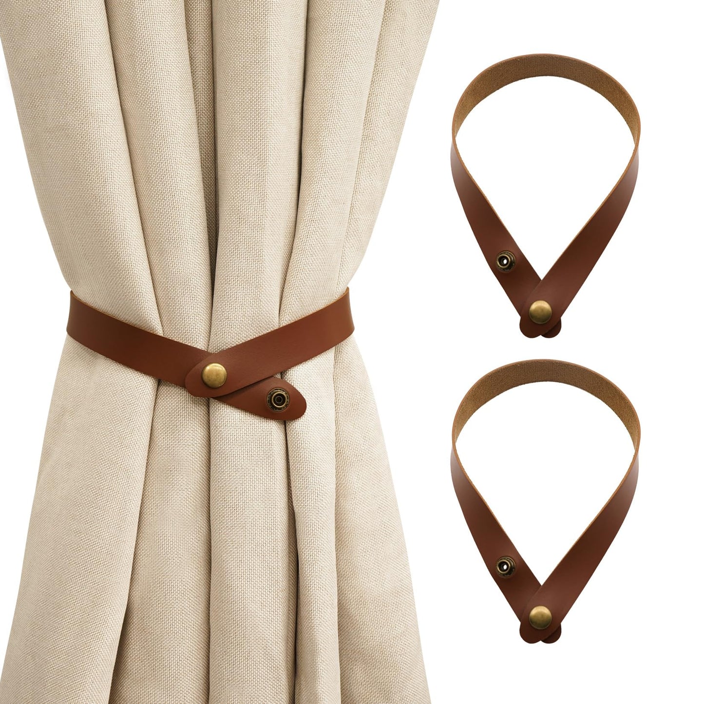 Home Queen PU Leather Curtain Tiebacks, Modern Faux Leather Curtain Straps with Adjustable Buttons, No Drill Holdbacks for Bedroom, Living Room, Hotel, Office, Set of 2,Chocolate