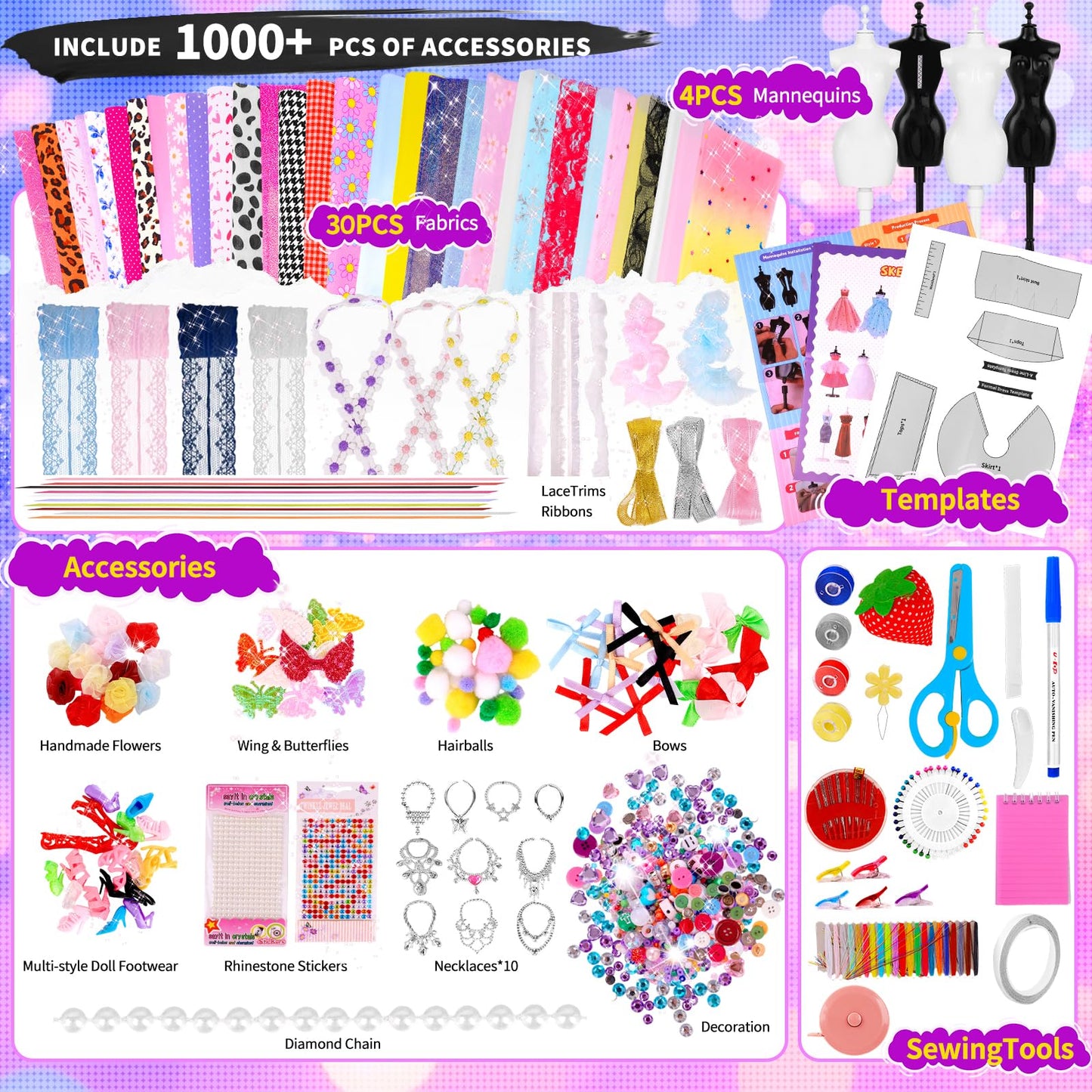 1000+ PCS Fashion Designer Kits for Girls, Sewing Kit for Kids with 4 Mannequins, DIY Doll Clothes Dress Making Kit, Arts and Crafts Sewing Kit Birthday Gifts for Teen Girls Age 6 7 8 9 10 11 12+
