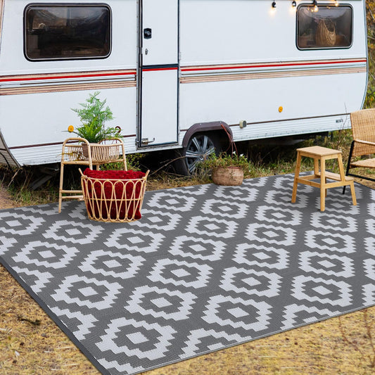 GAOMON Outdoor Rug 8x10 Area Rugs for Patio Waterproof Plastic Straw Rug Reversible Patio Rugs RV Camping Outdoor Carpet for Porch Patio Outside RV Deck Balcony Picnic Beach Decor Square-Grey/White