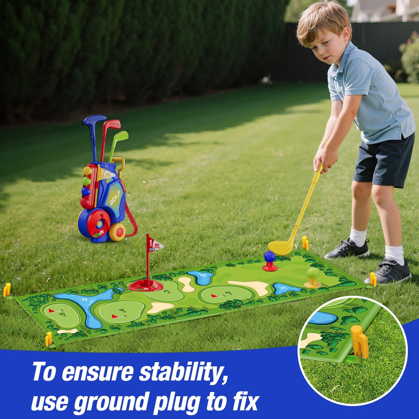 HYES Toddler Golf Set 2-4 Years, Kids Golf Club with 8 Balls, 4 Plastic Clubs, Putting Mat, Scoreboard, Storage Bag, Indoor Outdoor Game with Golf Cart Sport Toy Gift for Baby Boys Girls Age 3-5, Blue