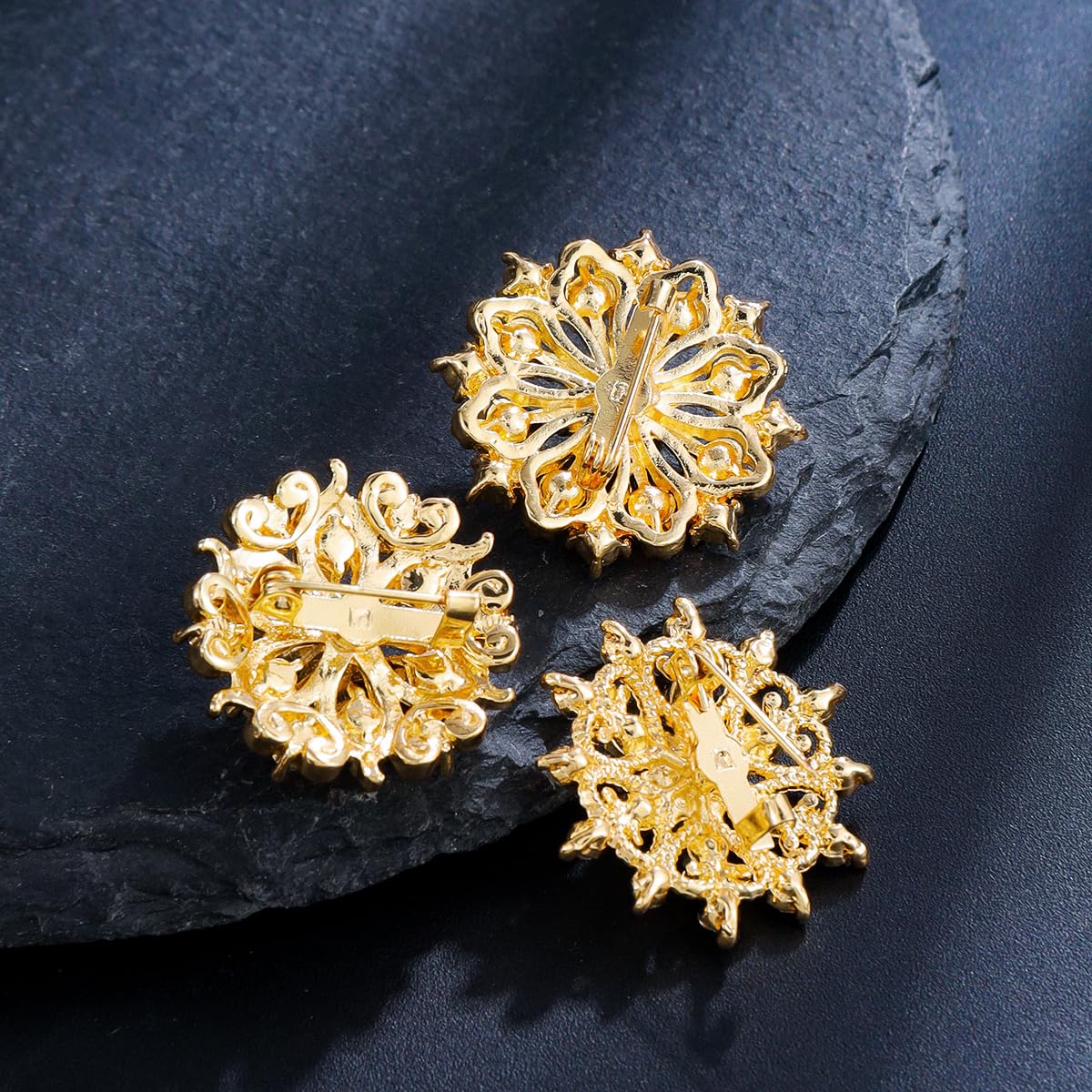 MEEDOZ Lot 24Pcs Assorted Crystal Rhinestone Flower Brooch Pins Set for Crafts Embellishment, Wedding Bouquet Brooches for Women Fashion (Gold Plated)
