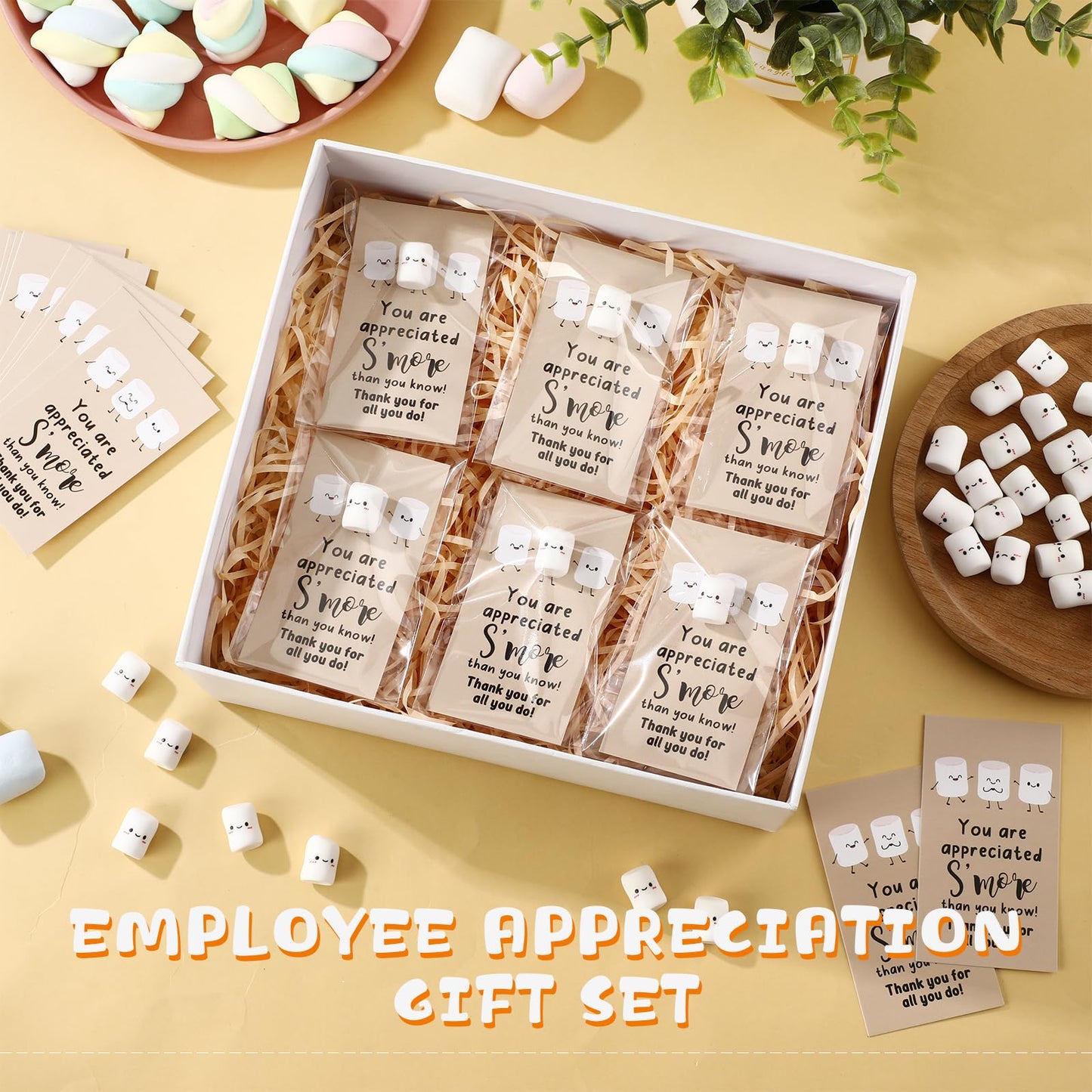 CroBlissful 100 Sets Inspirational Small Gifts Bulk Funny Cute Small Resin Marshmallow Smores with Thank You Card Appreciation Gifts for Office Teacher Coworker Staff Nurse Stress Fidget Toy