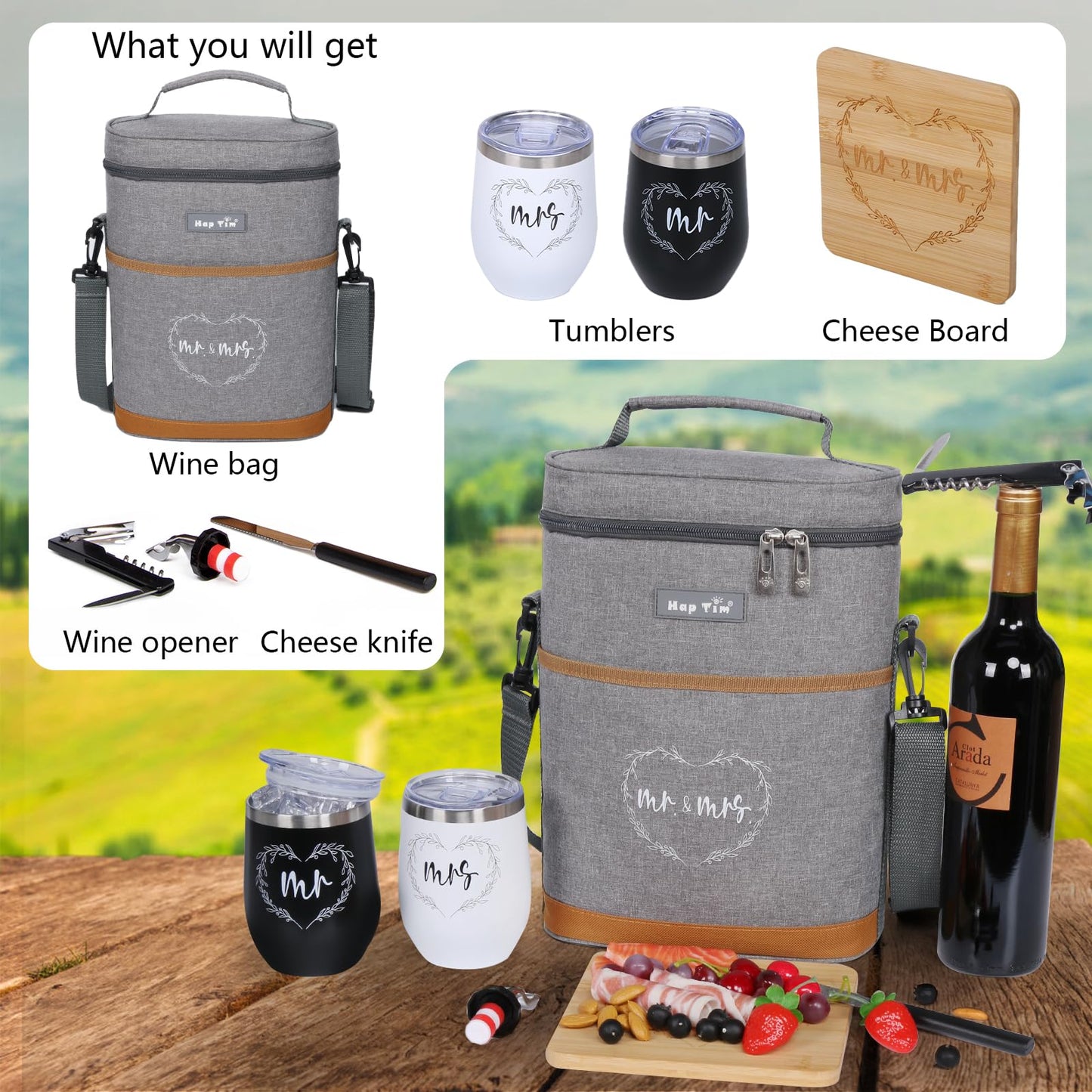 Hap Tim Wedding Gifts for Couples, Bridal Shower Gifts, Engagement Gifts for Newlyweds, Mr and Mrs gifts - Wine Cooler Bag Insulated Wine Carrier Tote with Tumblers, Bamboo Cheese Borad (13624-G2)