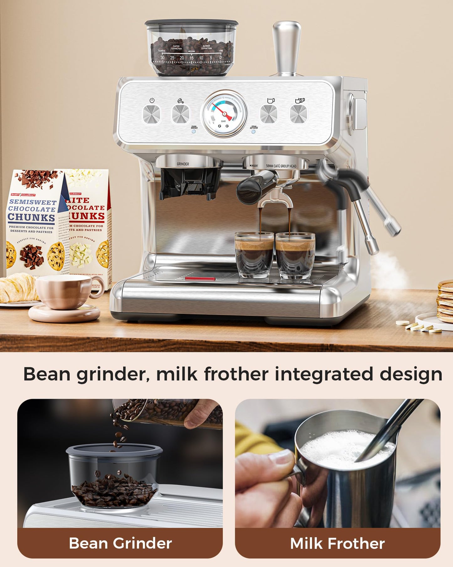COWSAR Espresso Machine with Grinder, Commercial Expresso Coffee Machines with Dual Boiler, Use Milk Frother and Brew Coffee Machine Simultaneously, Coffee Maker Cappuccino Latte, 95oz Water Tank