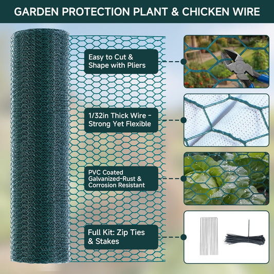 16In x 49.2Ft Plant Protectors from Animals, Wire Plant Cages for Outdoor Plants Chicken Wire Garden Protection from Animals Plant Fence Protectors to Keep Animals Out with Ground Stakes & Nylon Ties
