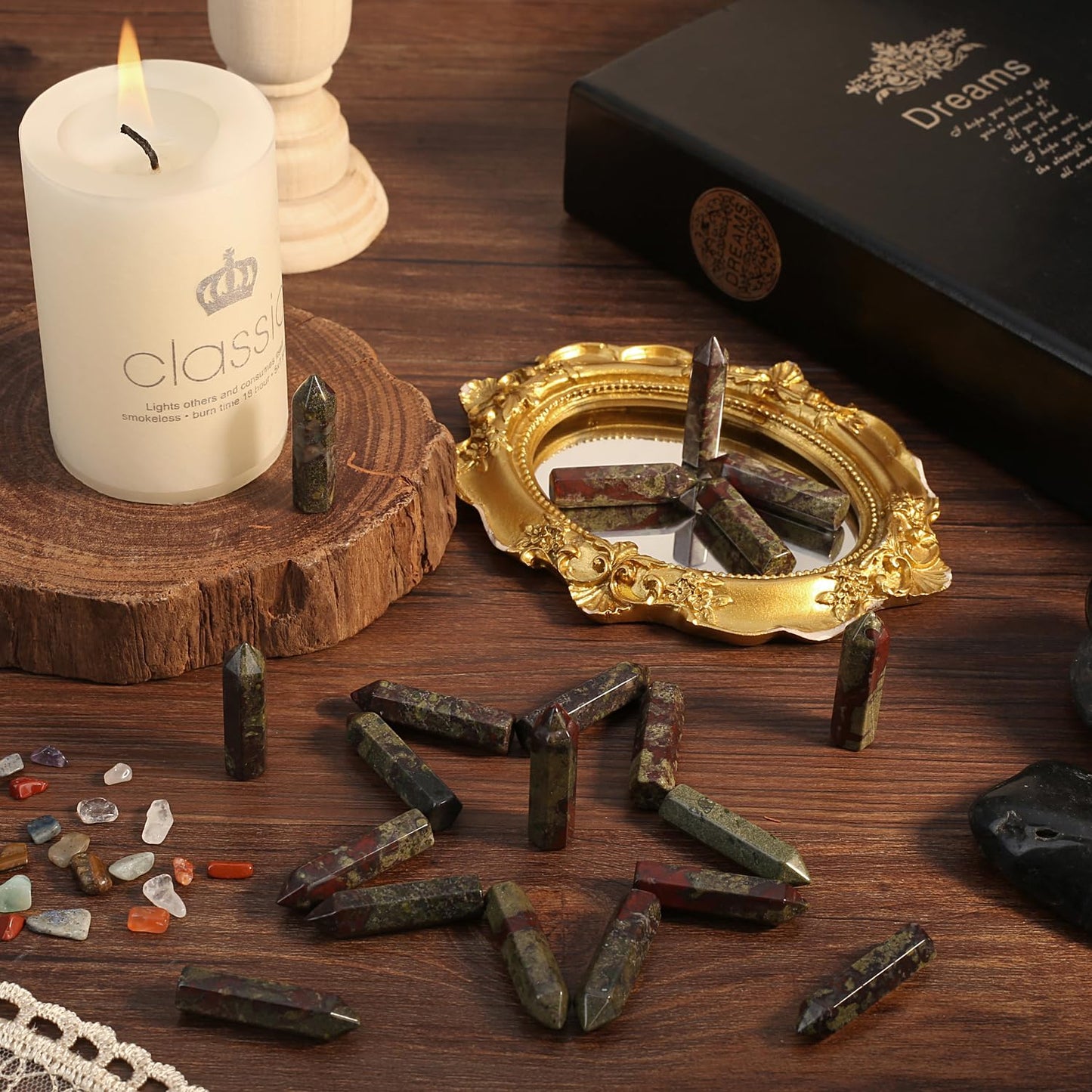 QINJIEJIE Dragon Blood 20 PCS Healing Crystals Stones Sets Wands Bulk Natural Pocket Crystal Towers Assorted Pointed Reiki Gemstones Polished Energy Meditation Chakra Gifts for Women Men