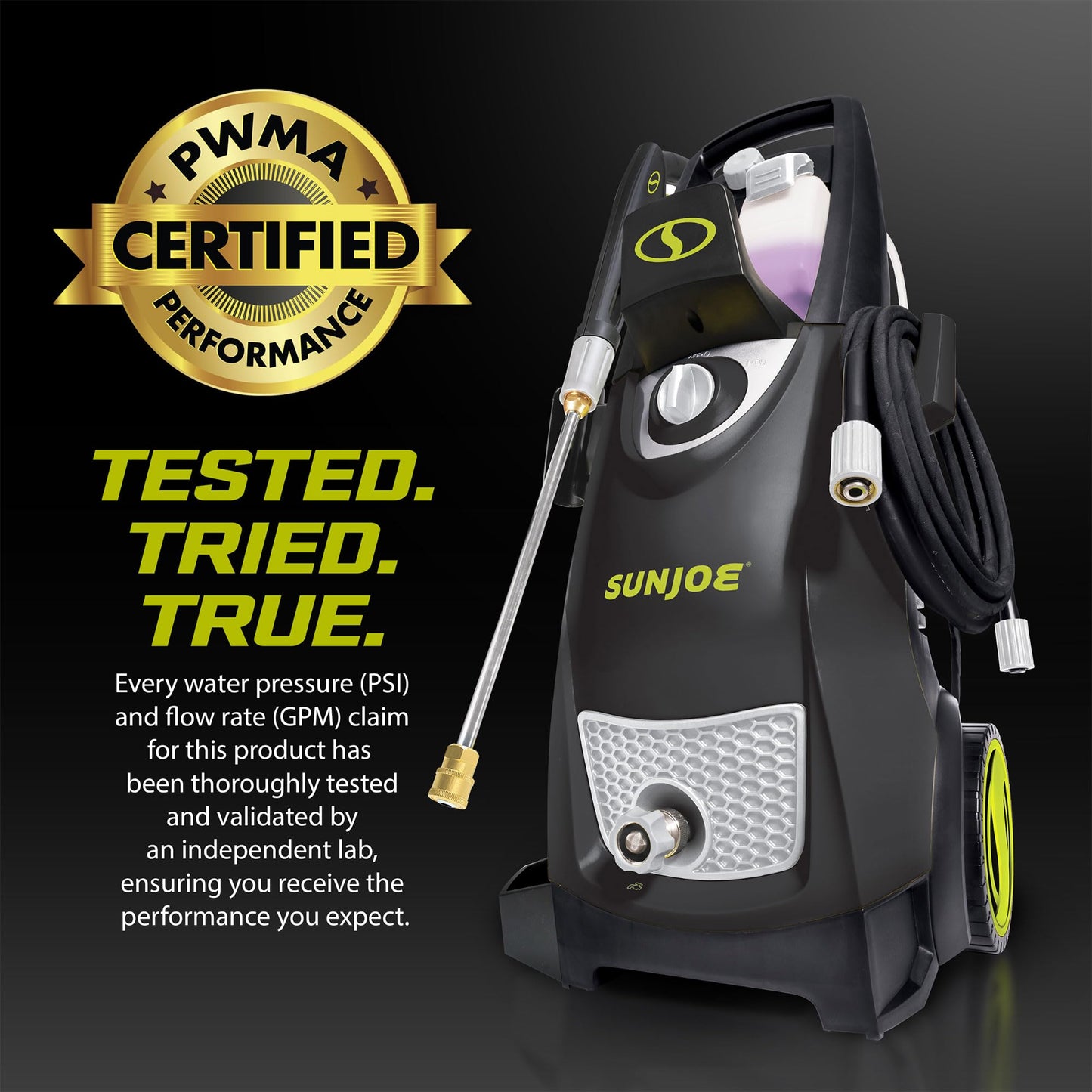Sun Joe Electric Pressure Power Washer, 2030 PSI (PWMA Certified), 1.2 GPM, Dual Soap Tanks, (35-FT GFCI Water-Safe, Power Cord), SPX3000