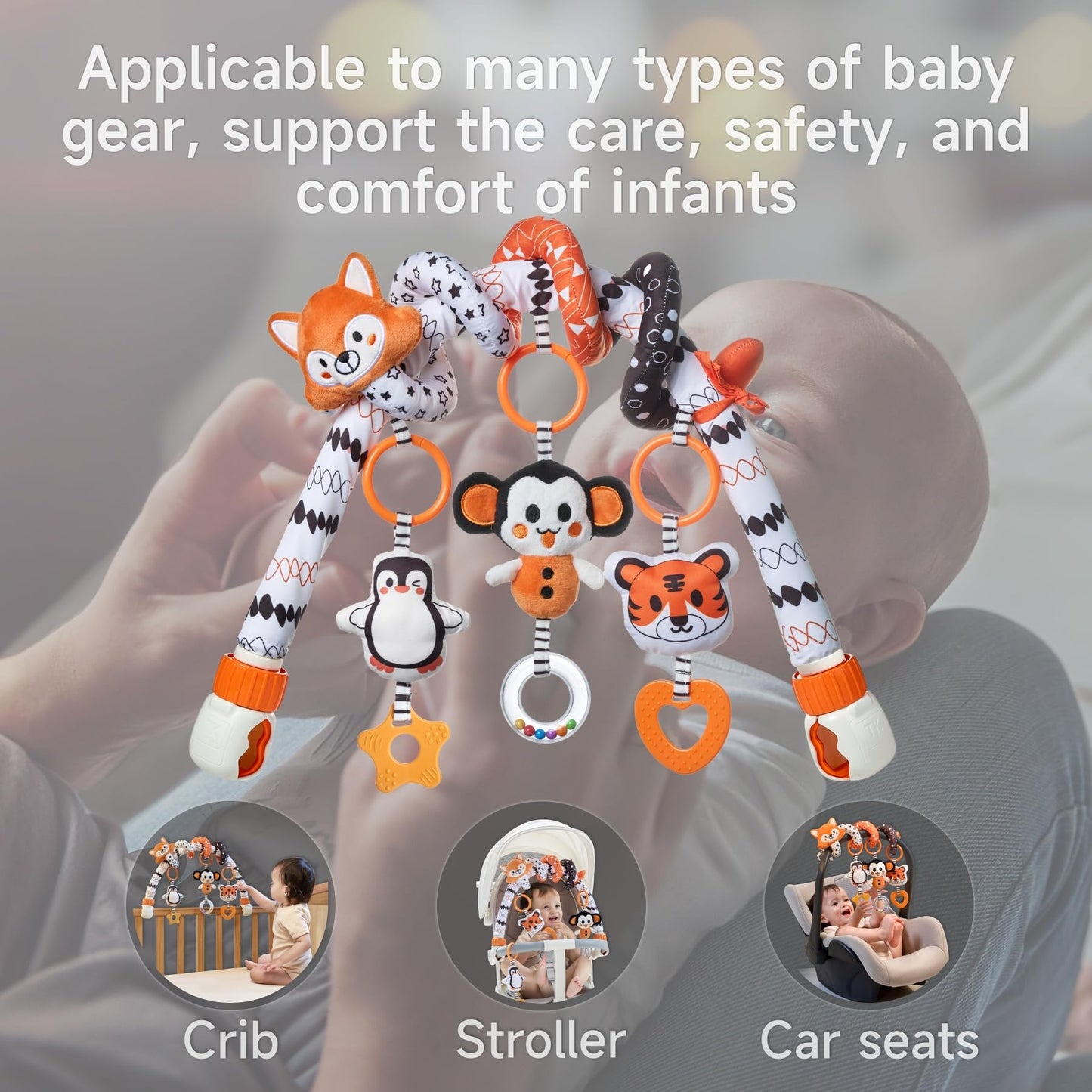 TUMAMA Black and White Baby Stroller Arch Toys, Removable Spiral Hanging Rattle Toys, High Contrast Car Seat and Stroller Toys for Baby 0 3 6 9 12 Months